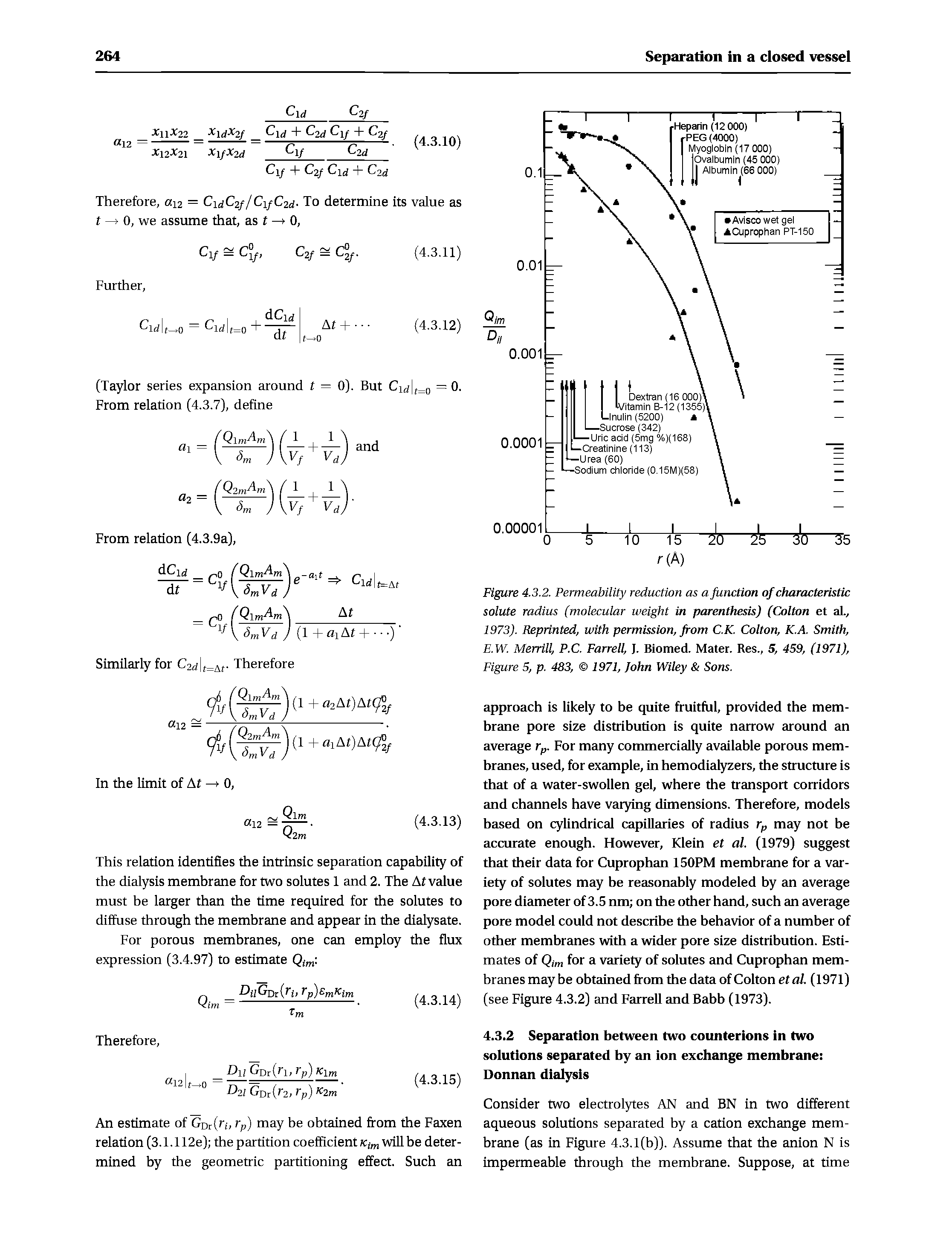Figure 4.3.2. Permeability reduction as a function of characteristic solute radius (molecular weight in parenthesis) (Colton et al., 1973). Reprinted, with permission, from C.K. Colton, K.A. Smith, E.W. Merrill, P.C. Farrell, J. Biomed. Mater. Res., 5, 459, (1971), Figure 5, p. 483, 1971, John Wiley Sons.
