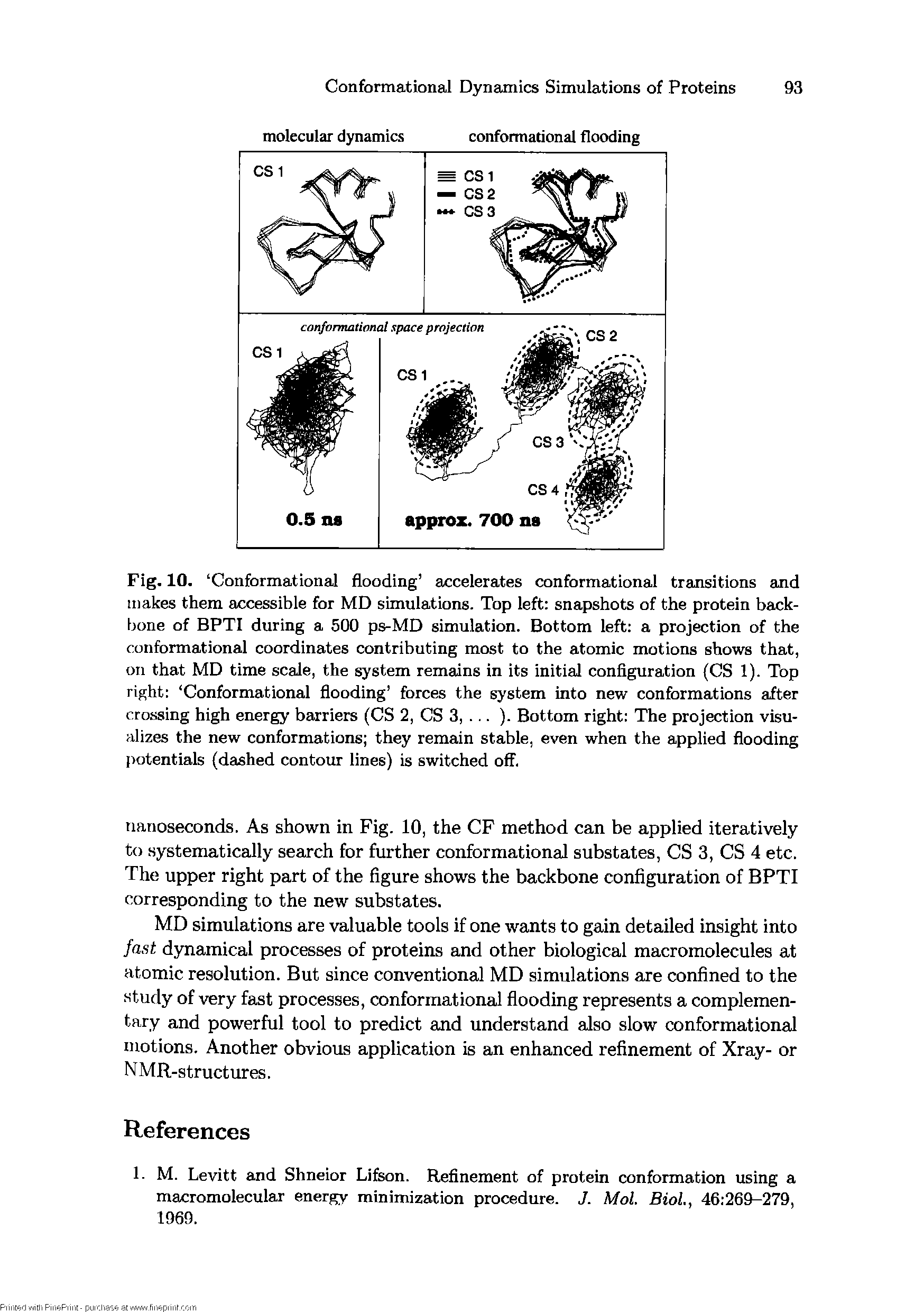 Fig. 10. Conformational flooding accelerates conformational transitions and makes them accessible for MD simulations. Top left snapshots of the protein backbone of BPTI during a 500 ps-MD simulation. Bottom left a projection of the conformational coordinates contributing most to the atomic motions shows that, on that MD time scale, the system remains in its initial configuration (CS 1). Top right Conformational flooding forces the system into new conformations after crossing high energy barriers (CS 2, CS 3,. . . ). Bottom right The projection visualizes the new conformations they remain stable, even when the applied flooding potentials (dashed contour lines) is switched off.