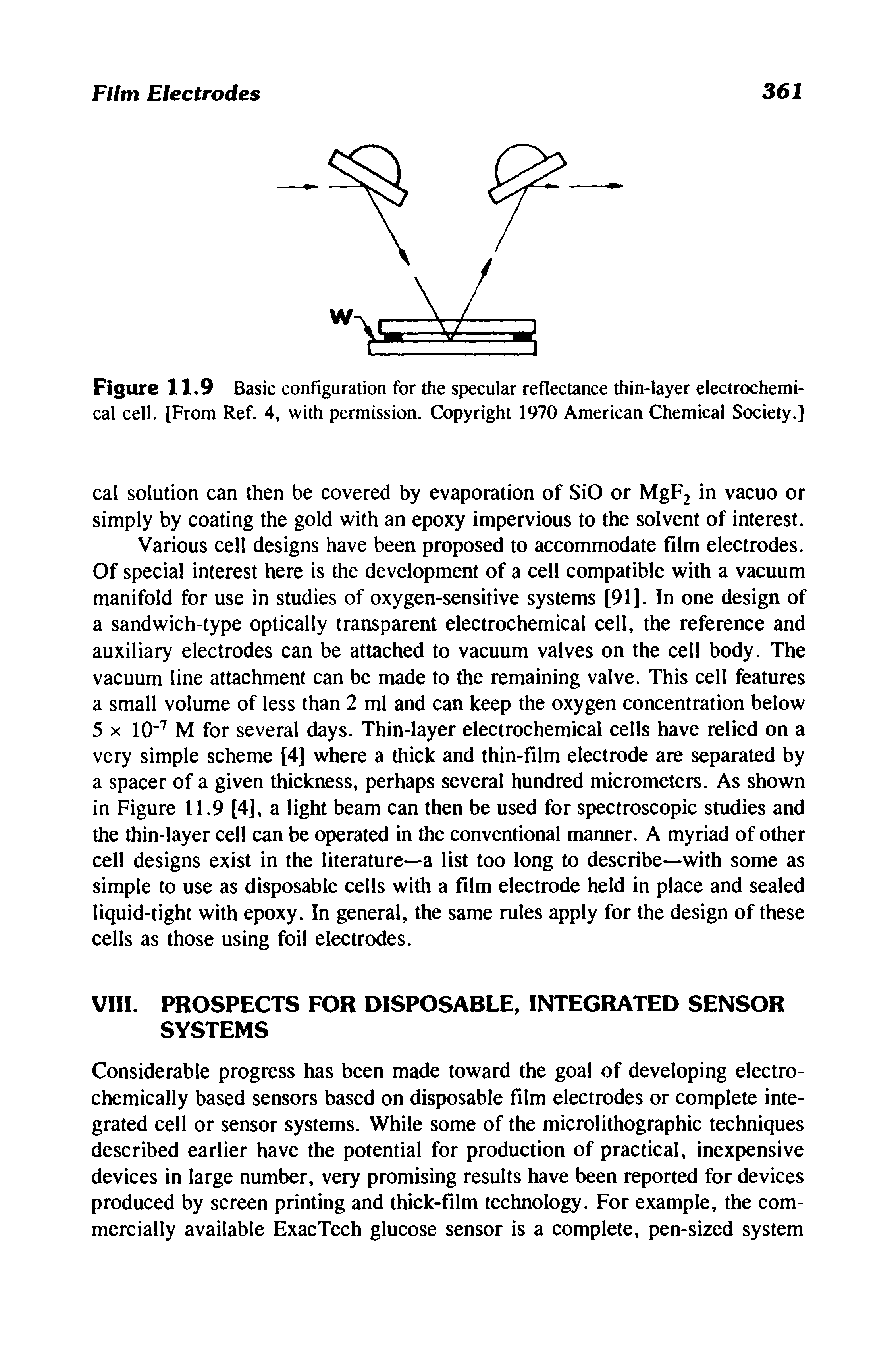 Figure 11.9 Basic configuration for the specular reflectance thin-layer electrochemical cell. [From Ref. 4, with permission. Copyright 1970 American Chemical Society.]...