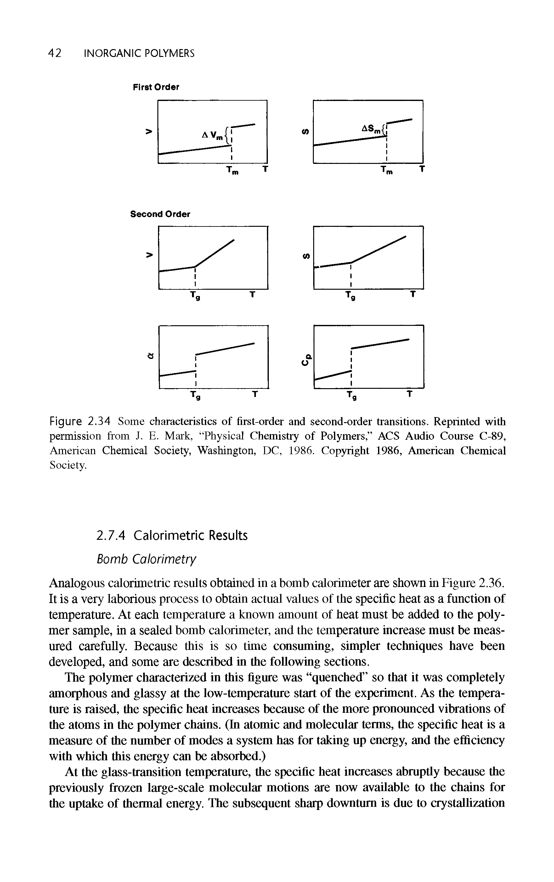 Figure 2.34 Some characteristics of first-order and second-order transitions. Reprinted with permission from J. E. Mark, Physical Chemistry of Polymers, ACS Audio Course C-89, American Chemical Society, Washington, DC, 1986. Copyright 1986, American Chemical Society.