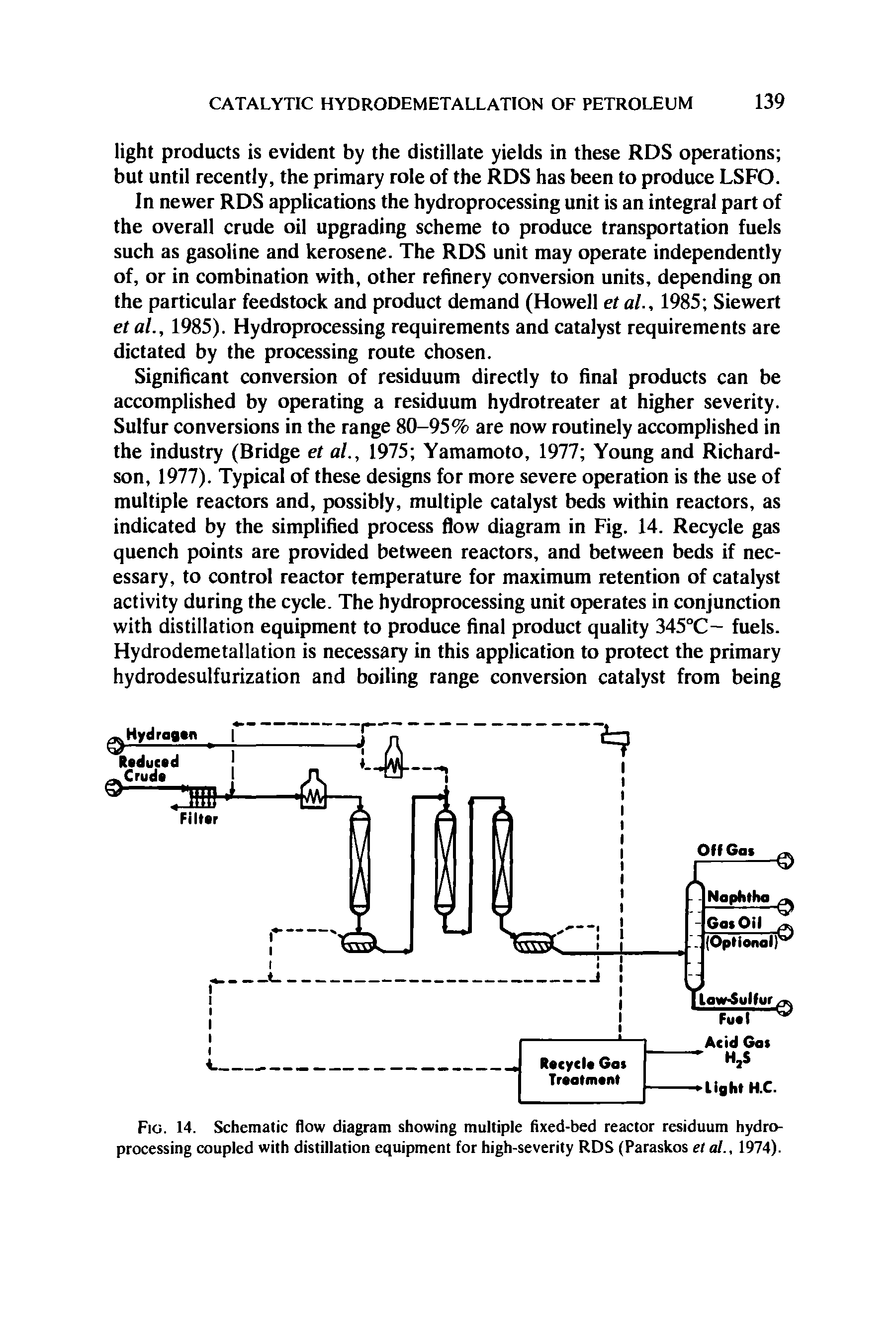 Fig. 14. Schematic flow diagram showing multiple fixed-bed reactor residuum hydroprocessing coupled with distillation equipment for high-severity RDS (Paraskos et al., 1974).