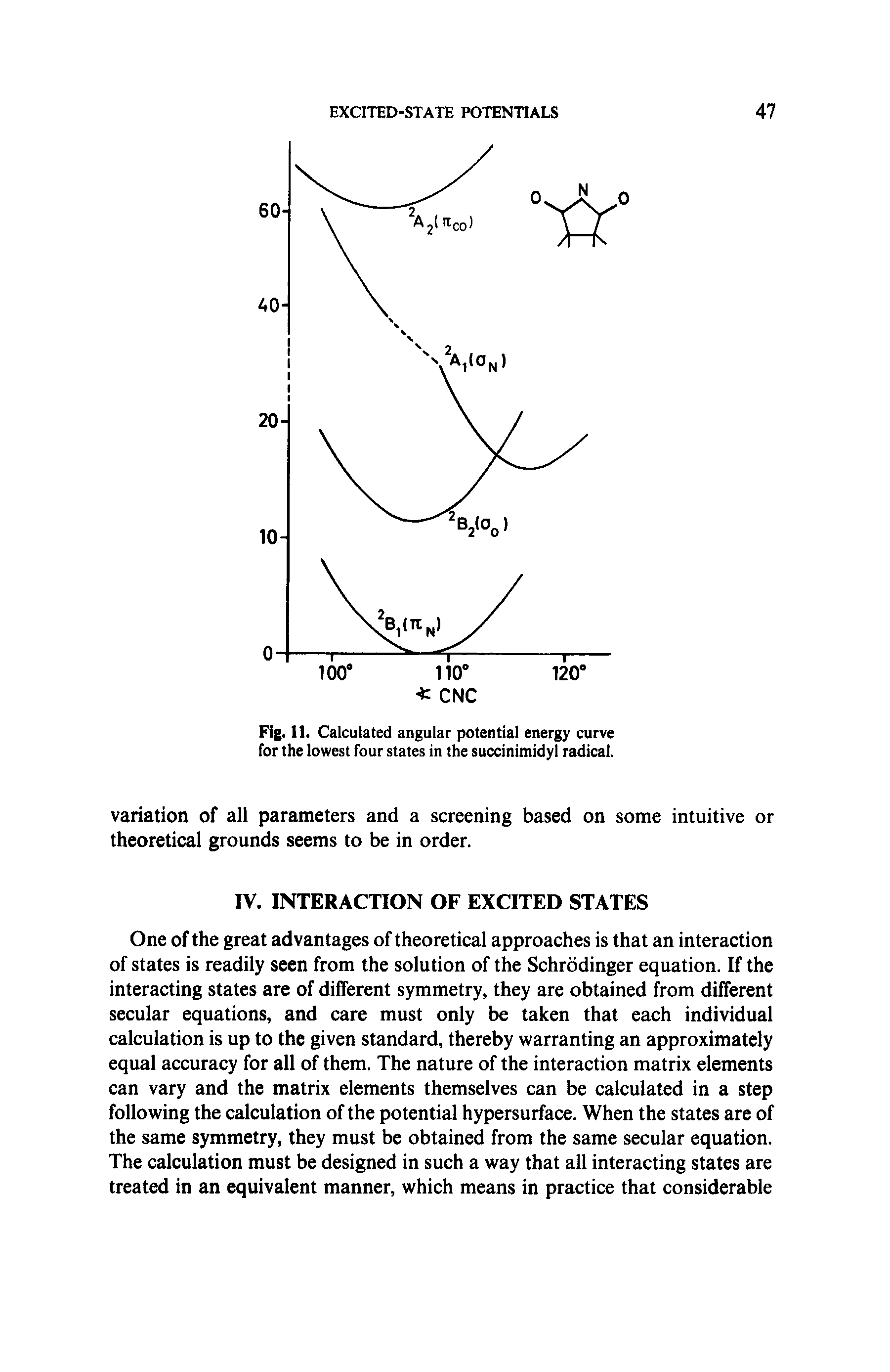 Fig. II. Calculated angular potential energy curve for the lowest four states in the succinimidyl radical.