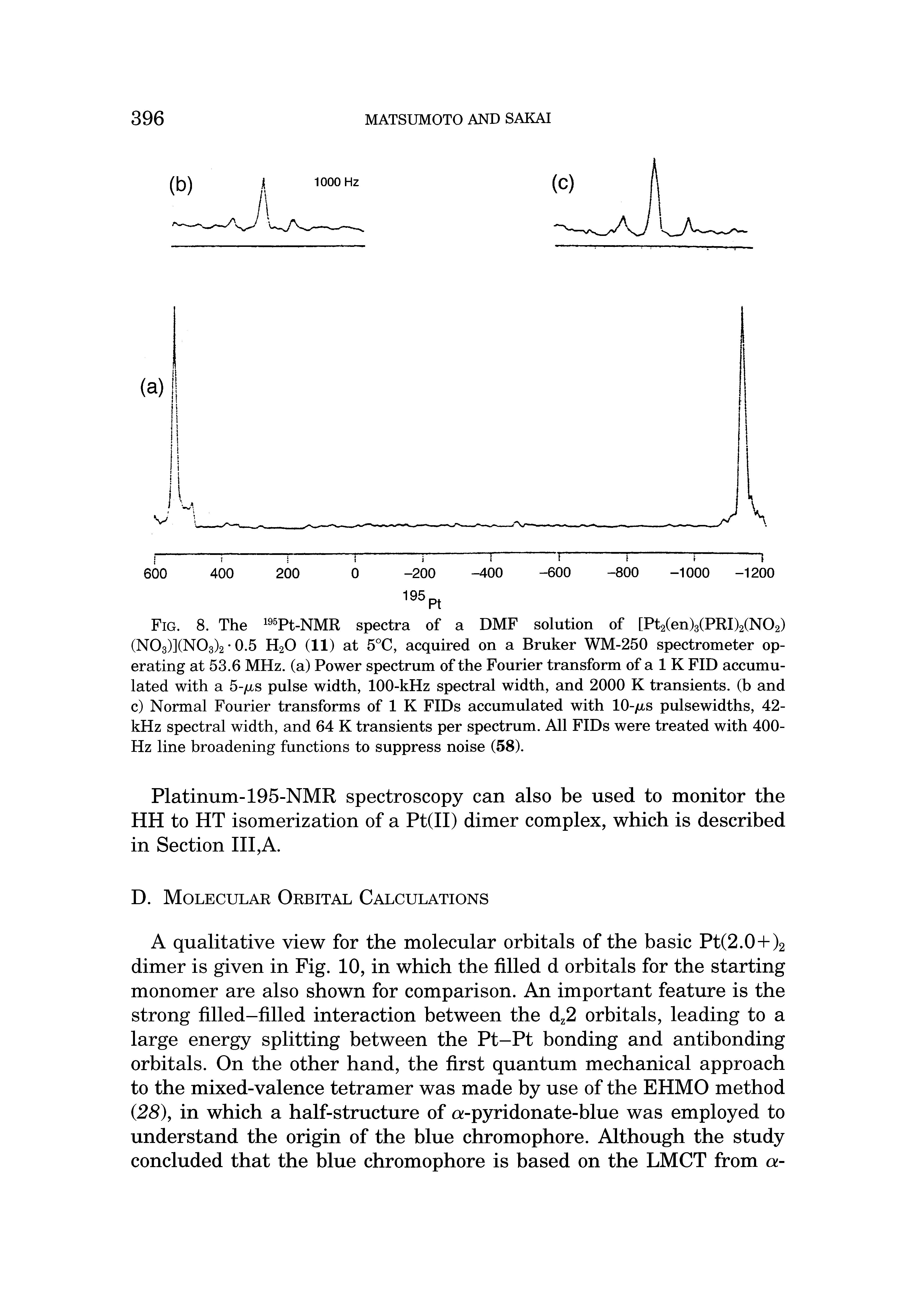 Fig. 8. The 195Pt-NMR spectra of a DMF solution of [Pt2(en)3(PRI)2(N02) (N03)](N03)2 0.5 H20 (11) at 5°C, acquired on a Bruker WM-250 spectrometer operating at 53.6 MHz. (a) Power spectrum of the Fourier transform of a 1 K FID accumulated with a 5-jjls pulse width, 100-kHz spectral width, and 2000 K transients, (b and c) Normal Fourier transforms of 1 K FIDs accumulated with 10-fis pulsewidths, 42-kHz spectral width, and 64 K transients per spectrum. All FIDs were treated with 400-Hz line broadening functions to suppress noise (58).