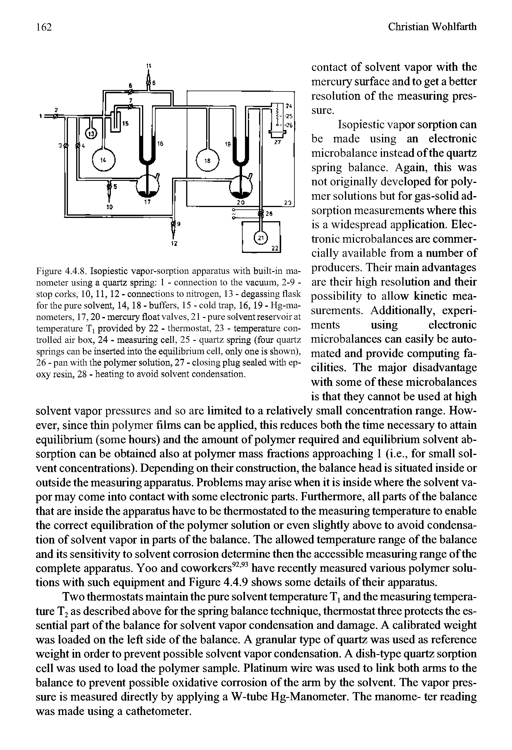 Figure 4.4.8. Isopiestic vapor-sorption apparatus with built-in manometer using a quartz spring 1 - connection to the vacuum, 2-9 -stop corks, 10, 11, 12 - connections to nitrogen, 13 - degassing flask for the pure solvent, 14, 18 - buffers, 15 - cold trap, 16,19 - Hg-ma-nometers, 17,20 - mercury float valves, 21 -pure solvent reservoir at temperature Ti provided by 22 - thermostat, 23 - temperature controlled air box, 24 - measuring cell, 25 - quartz spring (four quartz springs can be inserted into the equilibrium cell, only one is shown), 26 - pan with the polymer solution, 27 - closing plug sealed with epoxy resin, 28 - heating to avoid solvent condensation.