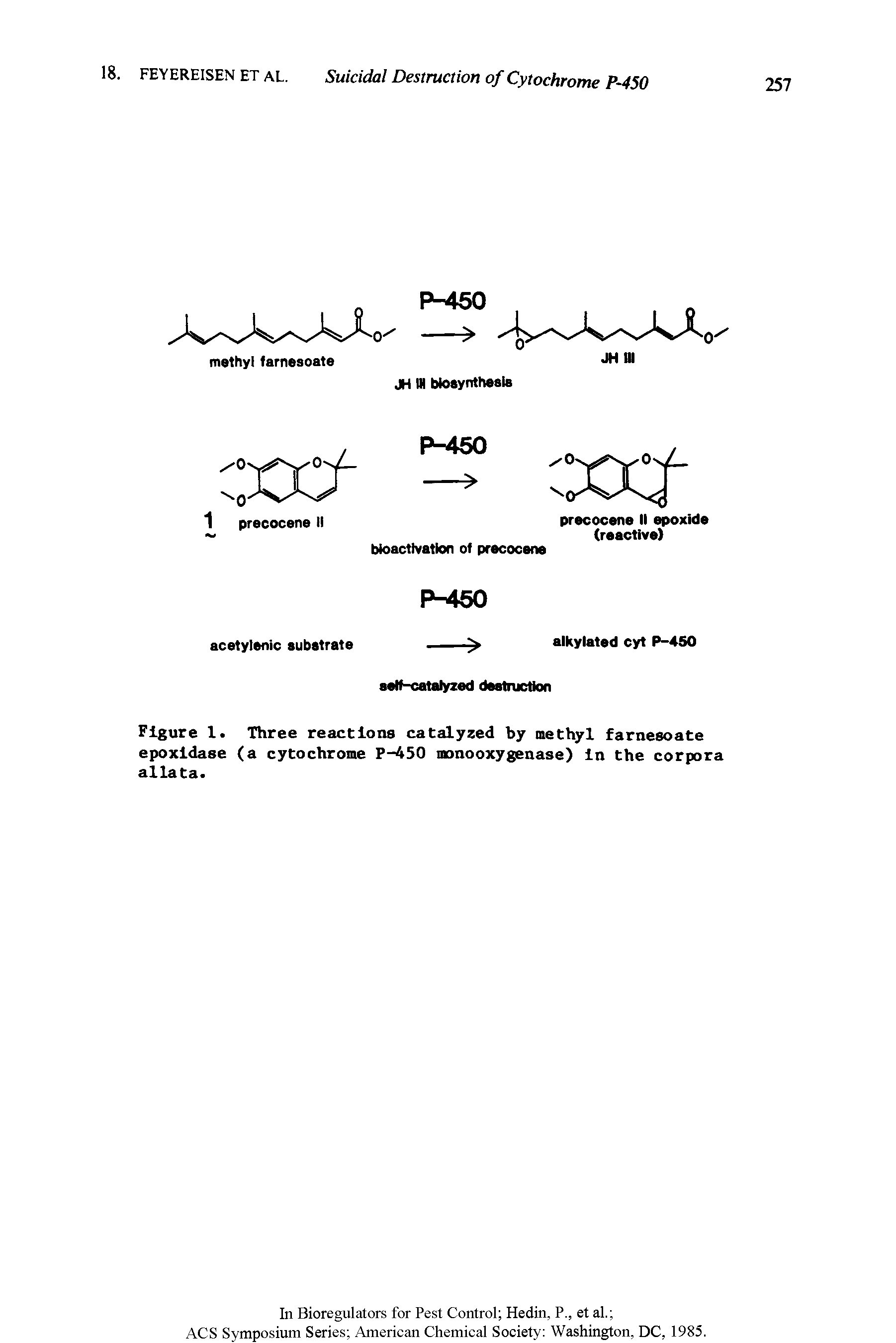 Figure 1. Three reactions catalyzed by methyl farnesoate epoxidase (a cytochrome P-450 monooxygenase) in the corpora allata.