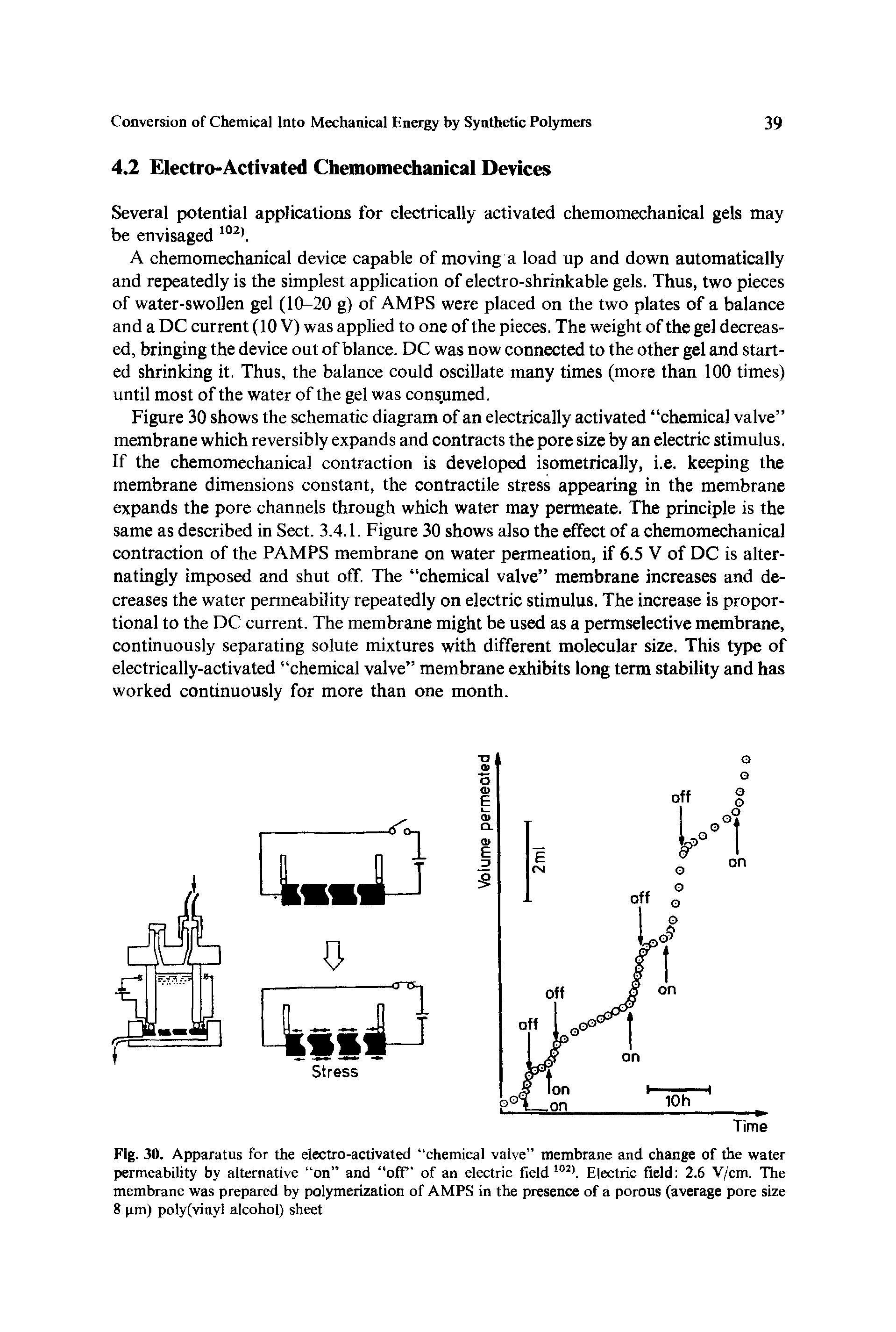 Fig. 30. Apparatus for the electro-activated chemical valve membrane and change of the water permeability by alternative on and off of an electric field Electric field 2.6 V/cm. The membrane was prepared by polymerization of AMPS in the presence of a porous (average pore size 8 pm) polyfvinyl alcohol) sheet...