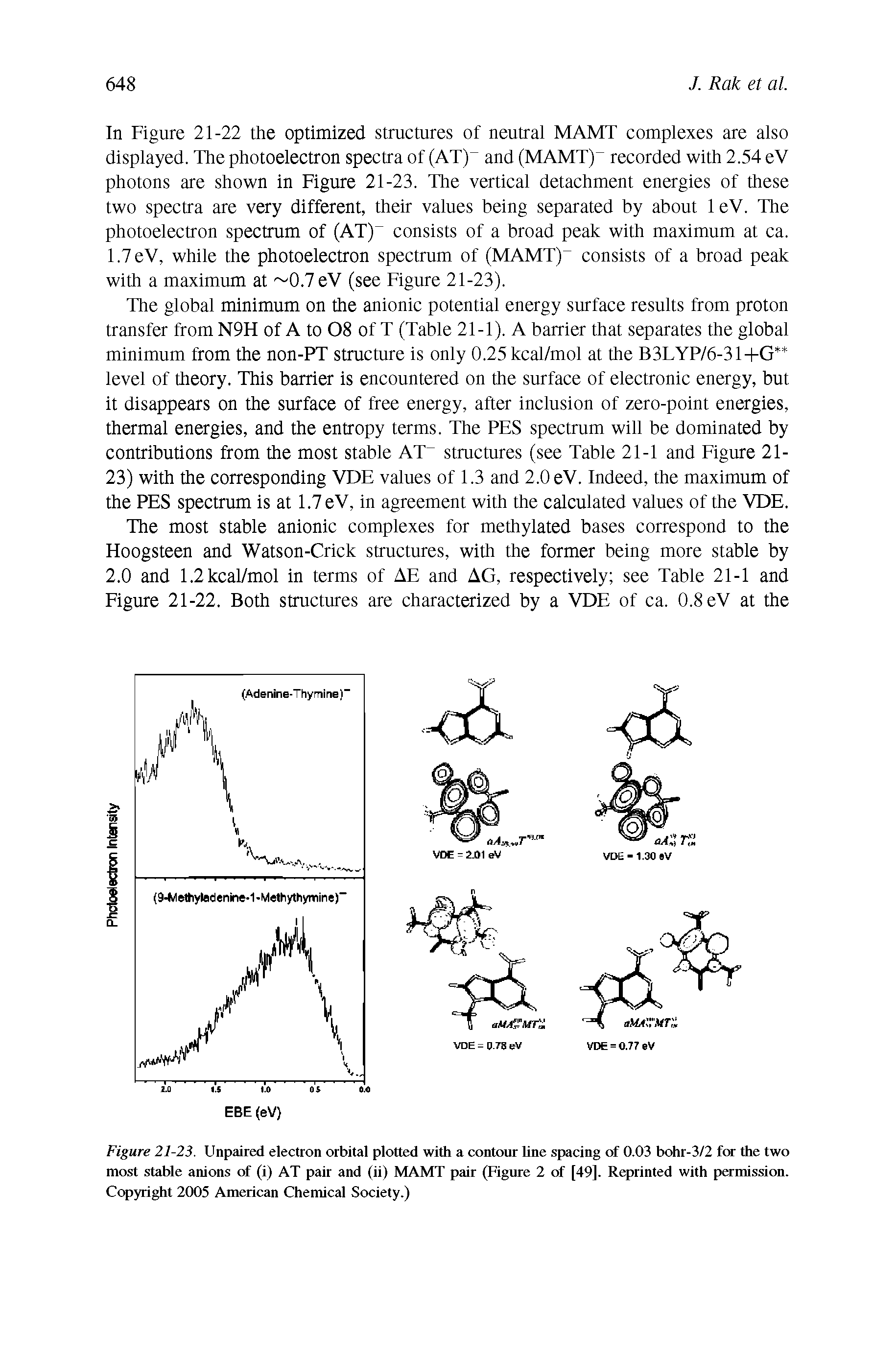 Figure 21-23. Unpaired electron orbital plotted with a contour line spacing of 0.03 bohr-3/2 for the two most stable anions of (i) AT pair and (ii) MAMT pair (Figure 2 of [49]. Reprinted with permission. Copyright 2005 American Chemical Society.)...
