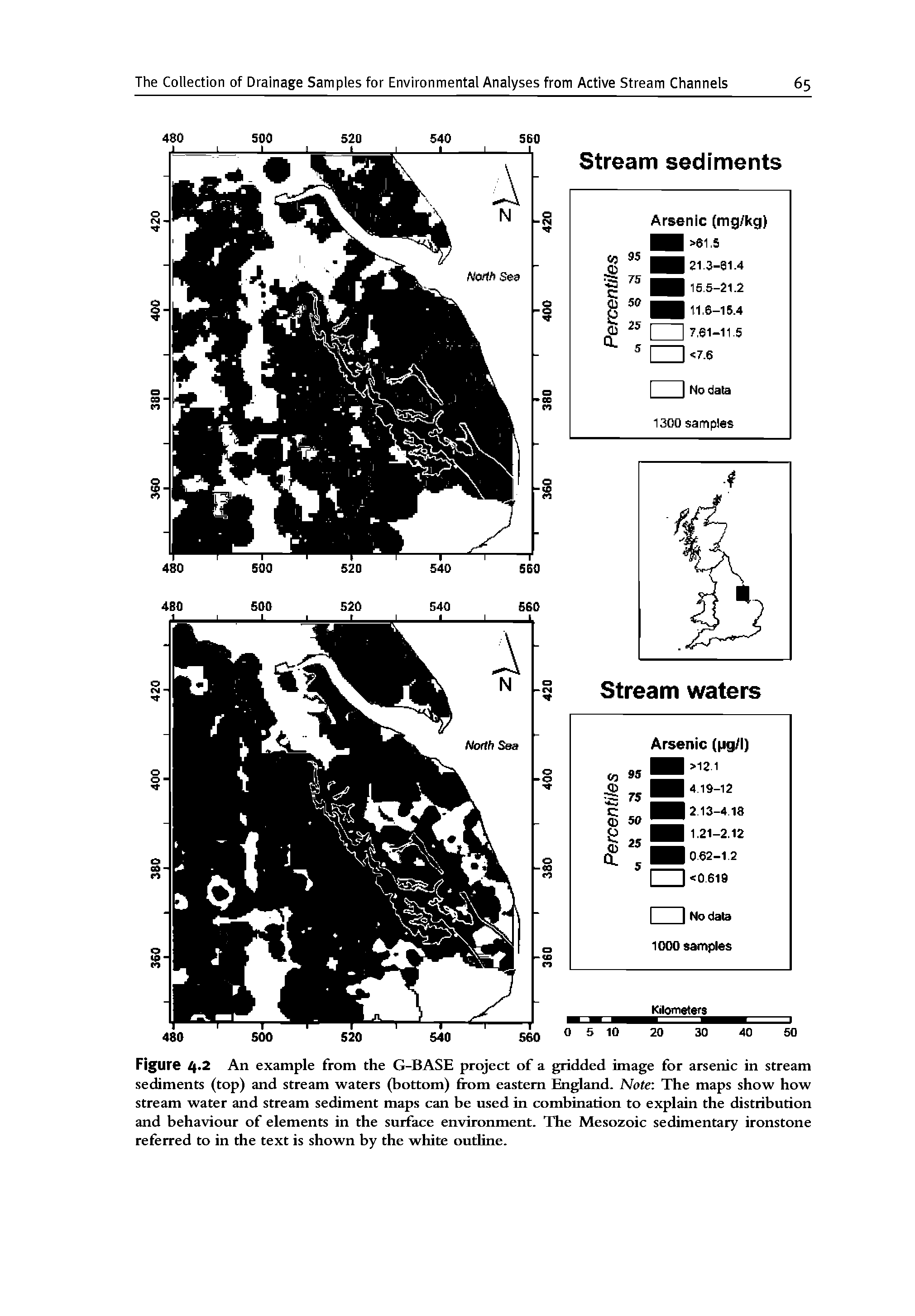 Figure 4.2 An example from the G-BASE project of a gridded image for arsenic in stream sediments (top) and stream waters (bottom) from eastern England. Note The maps show how stream water and stream sediment maps can be used in combination to explain the distribution and behaviour of elements in the surface environment. The Mesozoic sedimentary ironstone referred to in the text is shown by the white outline.