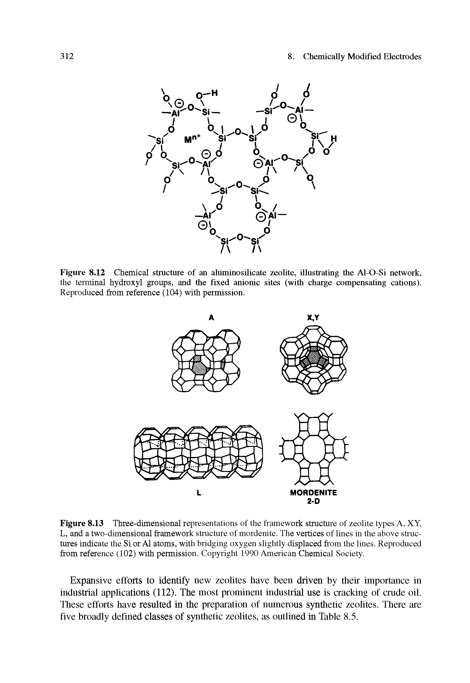 Figure 8.13 Three-dimensional representations of the framework structure of zeolite types A, XY, L, and a two-dimensional framework structure of mordenite. The vertices of lines in the above structures indicate the Si or Al atoms, with bridging oxygen slightly displaced from the lines. Reproduced from reference (102) with permission. Copyright 1990 American Chemical Society.