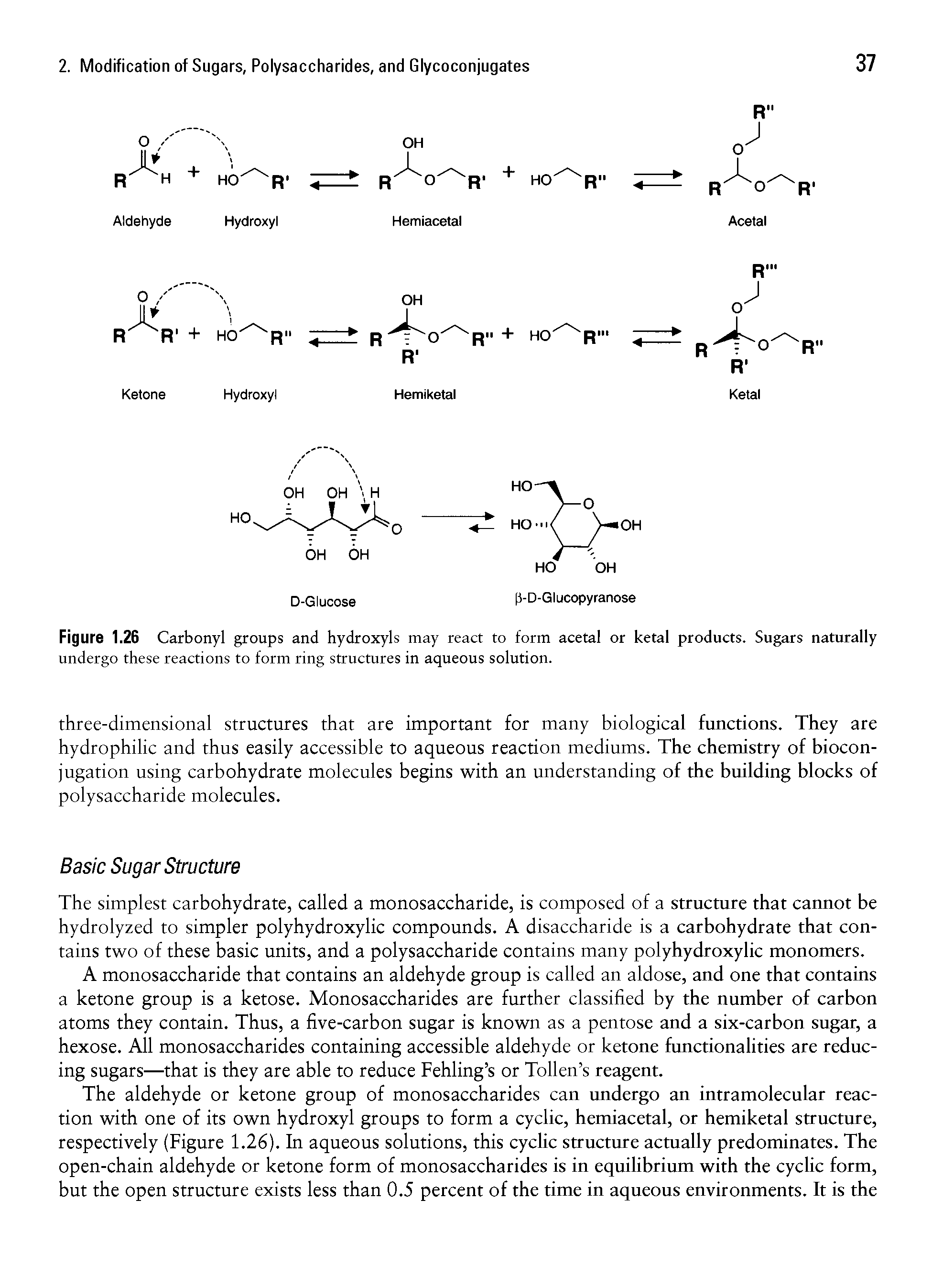 Figure 1.26 Carbonyl groups and hydroxyls may react to form acetal or ketal products. Sugars naturally undergo these reactions to form ring structures in aqueous solution.