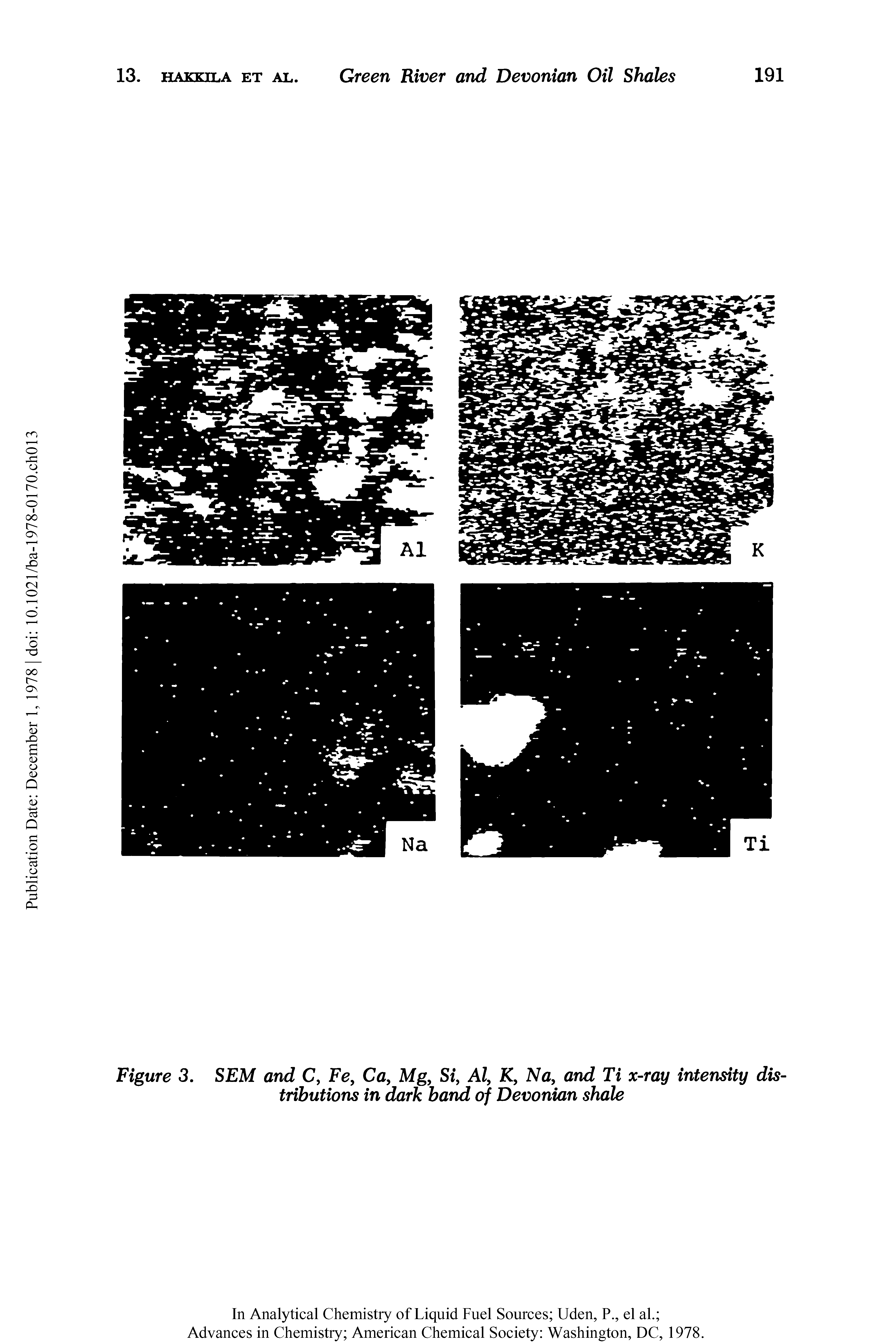 Figure 3. SEM and C, Fe, Ca, Mg, Si, Al, K, Na, and Ti x-ray intensity distributions in dark band of Devonian shale...