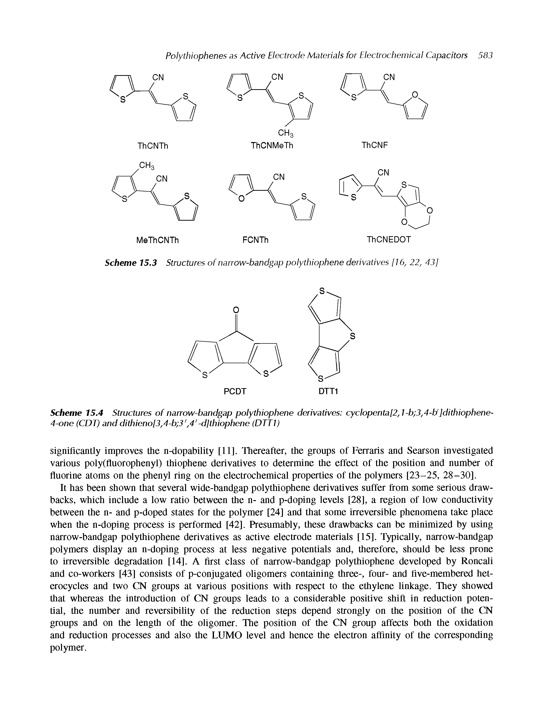 Scheme 15.4 Structures of narrow-bandgap polythiophene derivatives cyclopenta[2,1-b 3,4-bf Jdithiophene-4-one (CDT) and dithieno[3,4-b 3, 4 -d]thiophene (DTTI)...