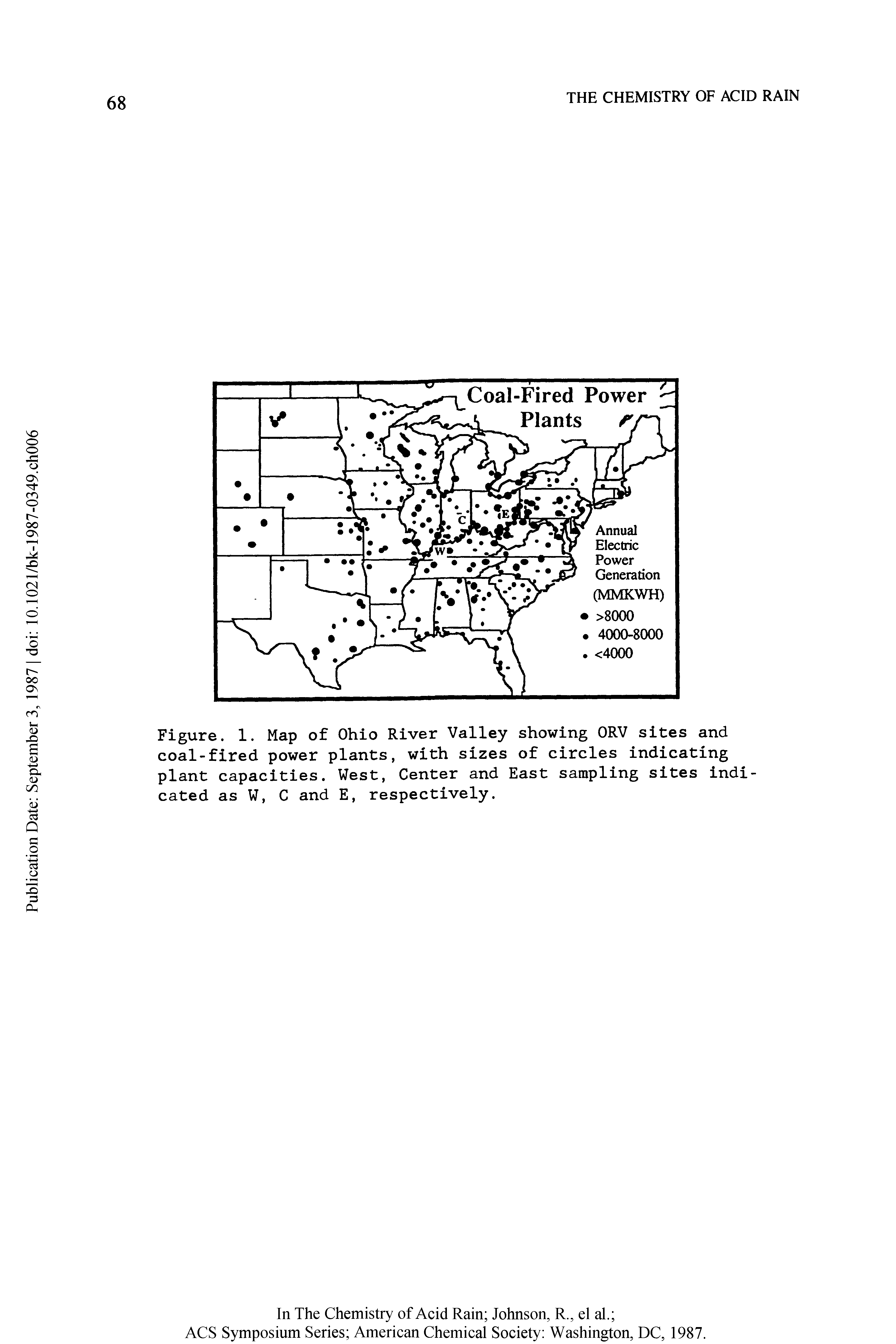 Figure. 1. Map of Ohio River Valley showing ORV sites and coal-fired power plants, with sizes of circles indicating plant capacities. West, Center and East sampling sites indicated as W, C and E, respectively.