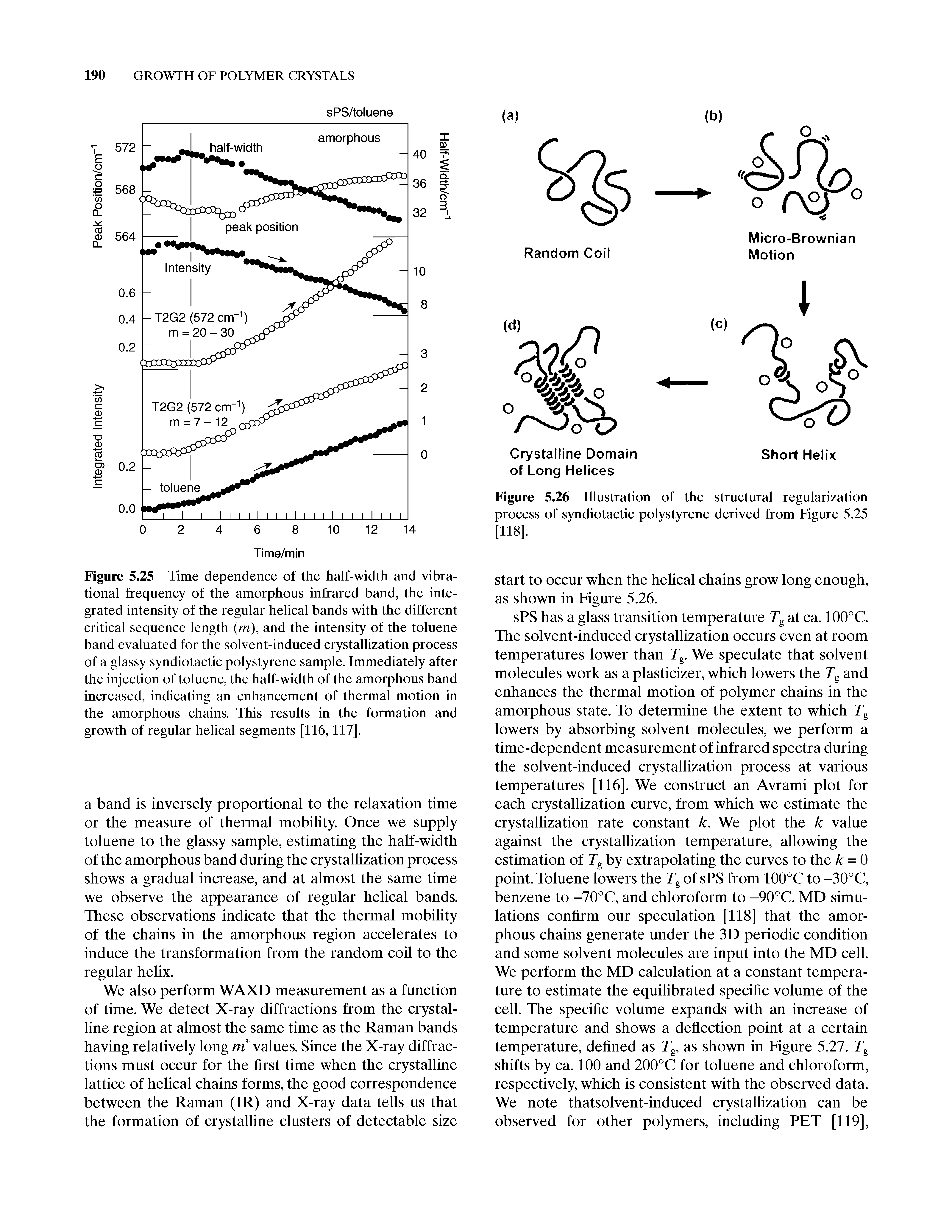 Figure 5.25 Time dependence of the half-width and vibrational frequency of the amorphous infrared band, the integrated intensity of the regular helical bands with the different critical sequence length (m), and the intensity of the toluene band evaluated for the solvent-induced crystallization process of a glassy syndiotactic polystyrene sample. Immediately after the injection of toluene, the half-width of the amorphous band increased, indicating an enhancement of thermal motion in the amorphous chains. This results in the formation and growth of regular helical segments [116,117].