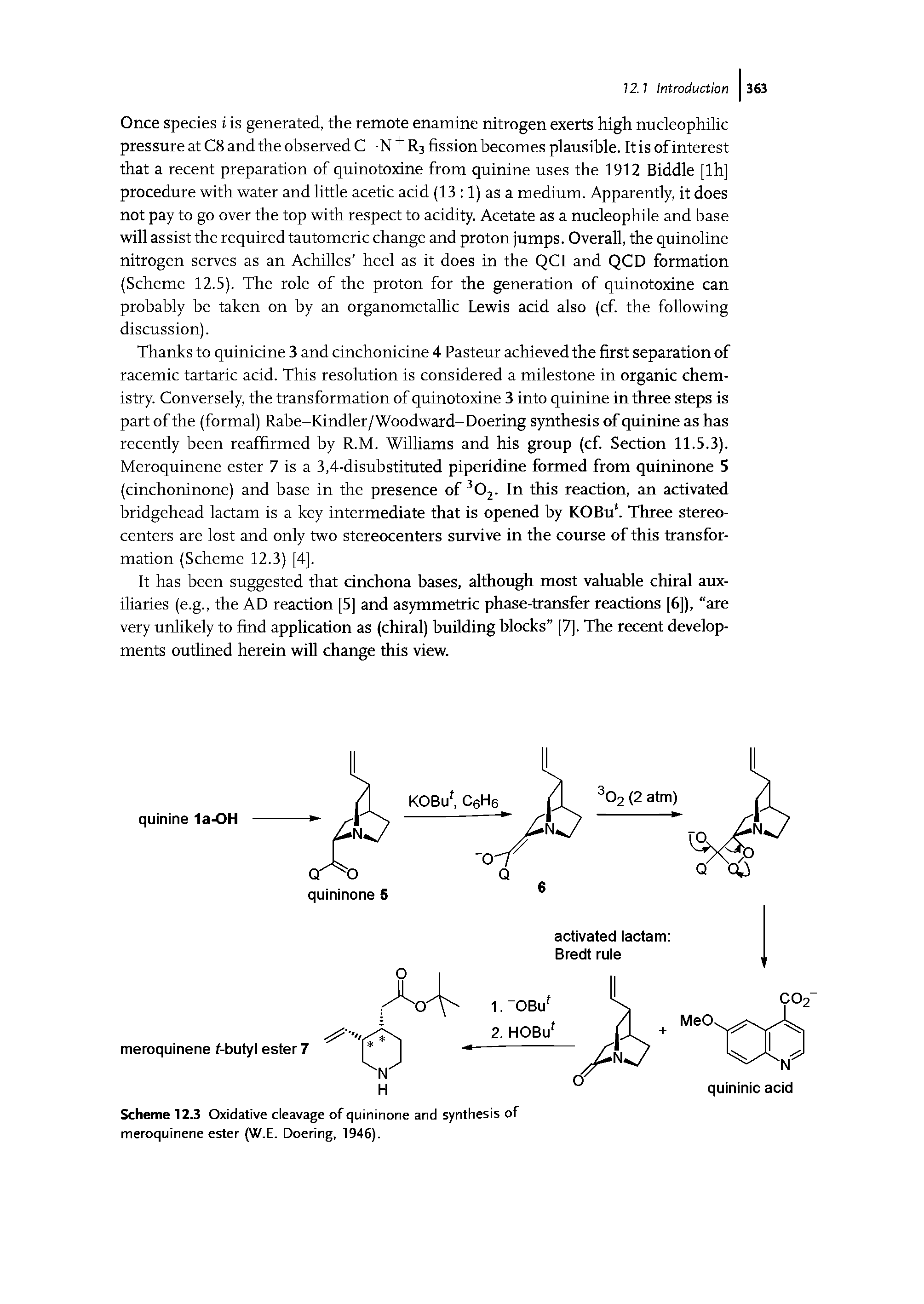 Scheme 12.3 Oxidative cleavage of quininone and synthesis of meroquinene ester (W.E. Doering, 1946).