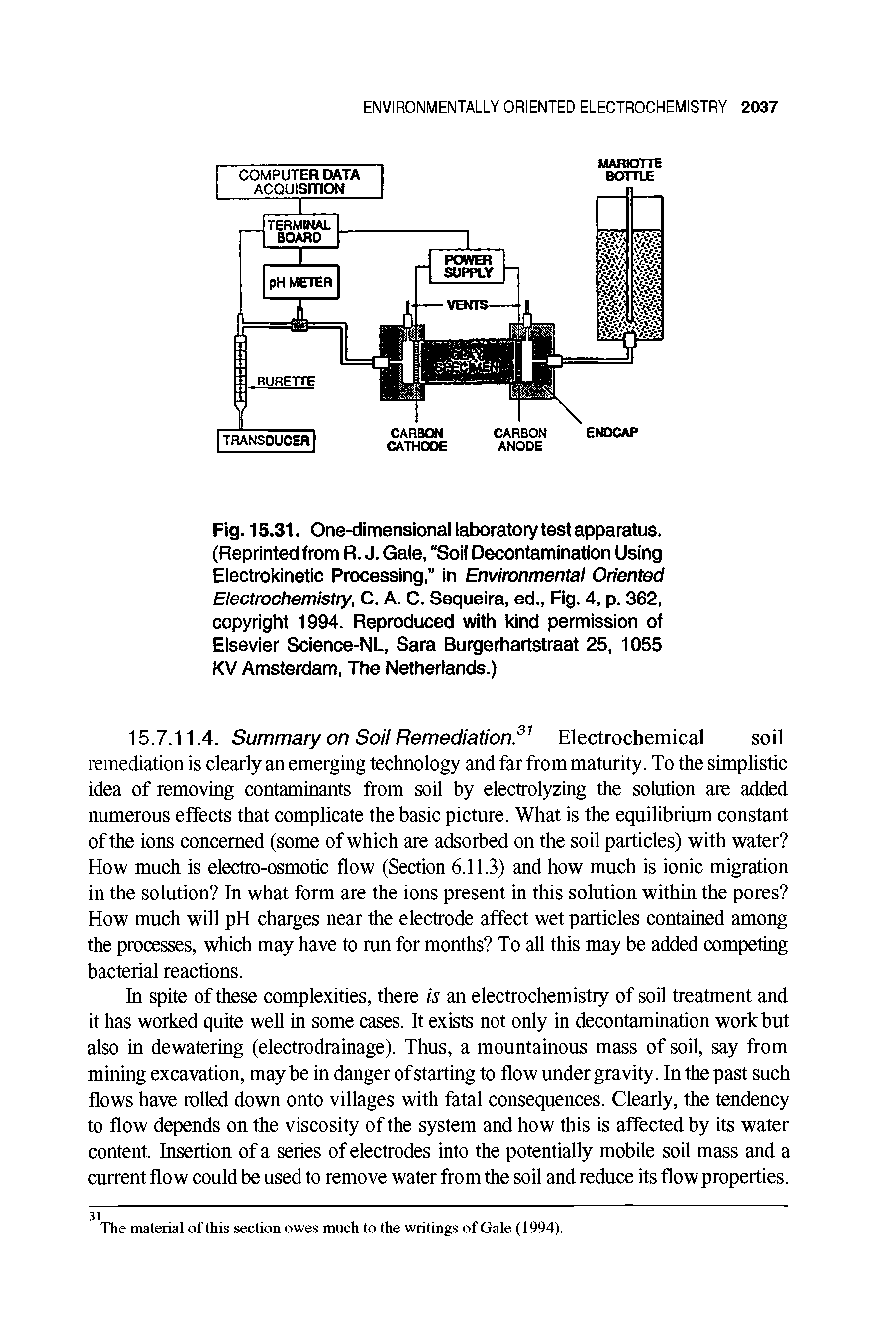 Fig. 15.31. One-dimensional laboratory test apparatus. (Reprinted from R. J. Gale, Soil Decontamination Using Electrokinetic Processing, in Environmental Oriented Electrochemistry, C. A. C. Sequeira, ed., Fig. 4, p. 362, copyright 1994. Reproduced with kind permission of Elsevier Science-NL, Sara Burgerhartstraat 25, 1055 KV Amsterdam, The Netherlands.)...