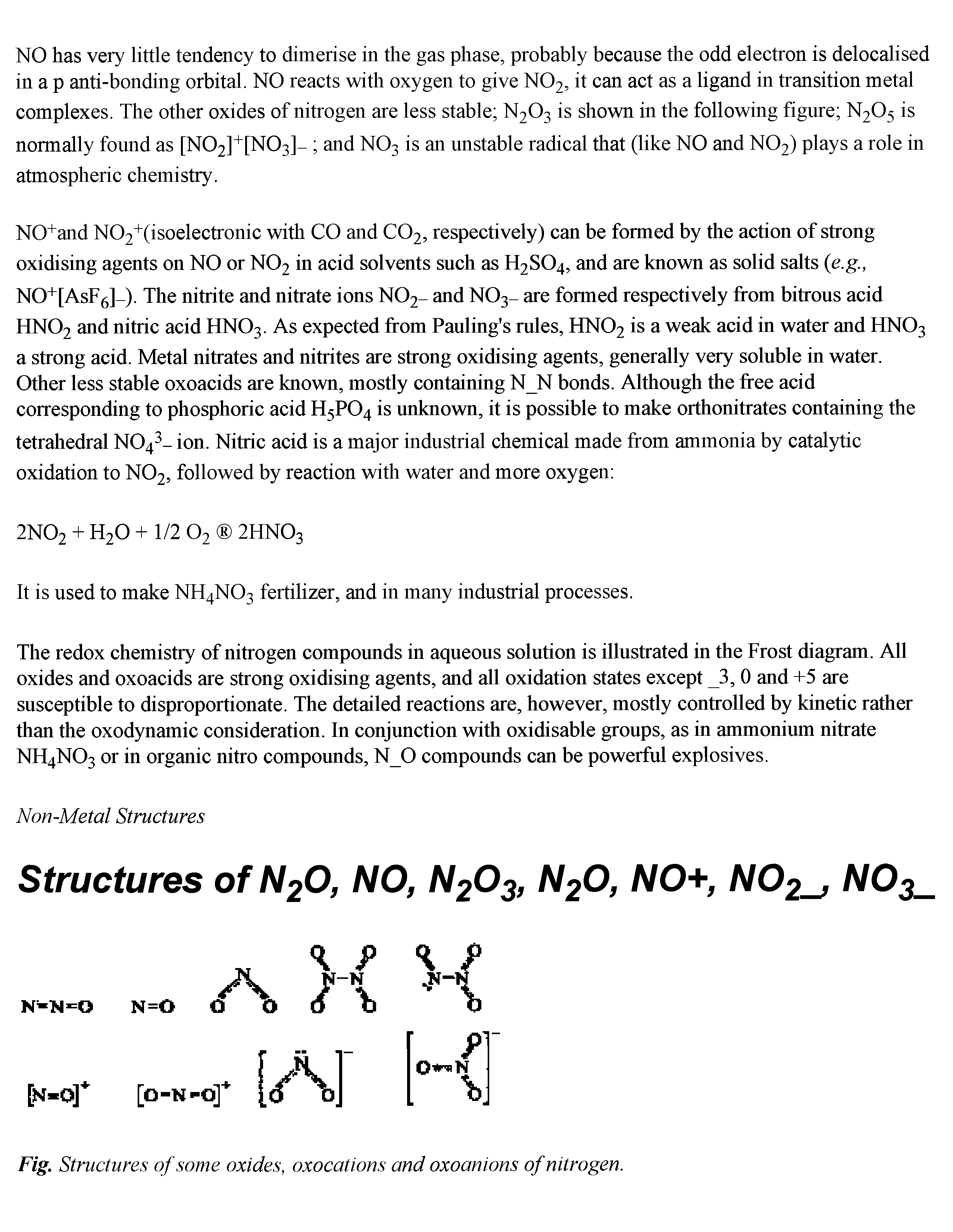 Fig. Structures of some oxides, oxocations and oxoanions of nitrogen.