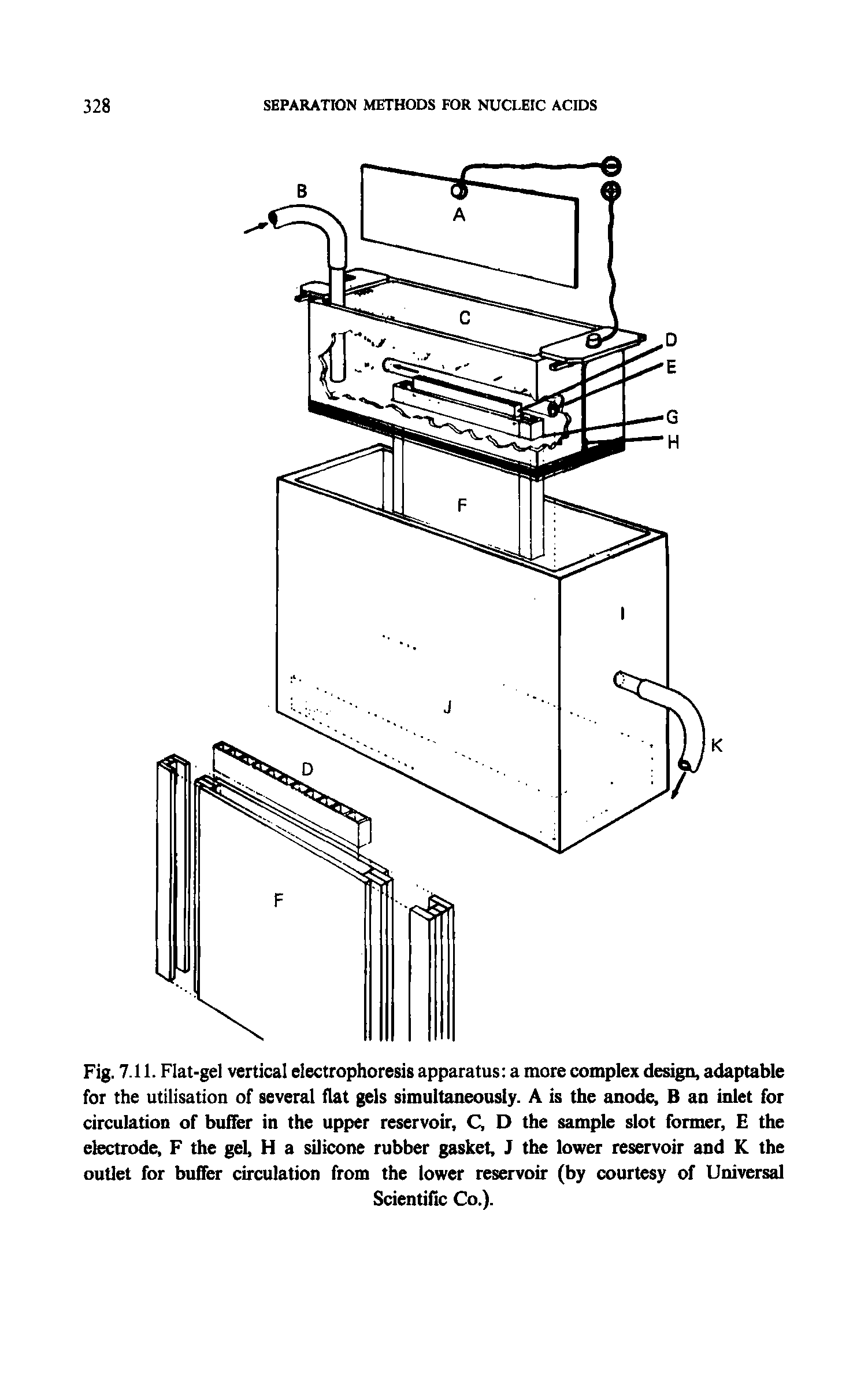 Fig. 7.11. Flat-gel vertical electrophoresis apparatus a more complex design, adaptable for the utilisation of several flat gels simultaneously. A is the anode, B an inlet for circulation of buffer in the upper reservoir, C, D the sample slot former, E the electrode, F the gel, H a sUicone rubber gasket, J the lower reservoir and K the outlet for buffer circulation from the lower reservoir (by courtesy of Universal...