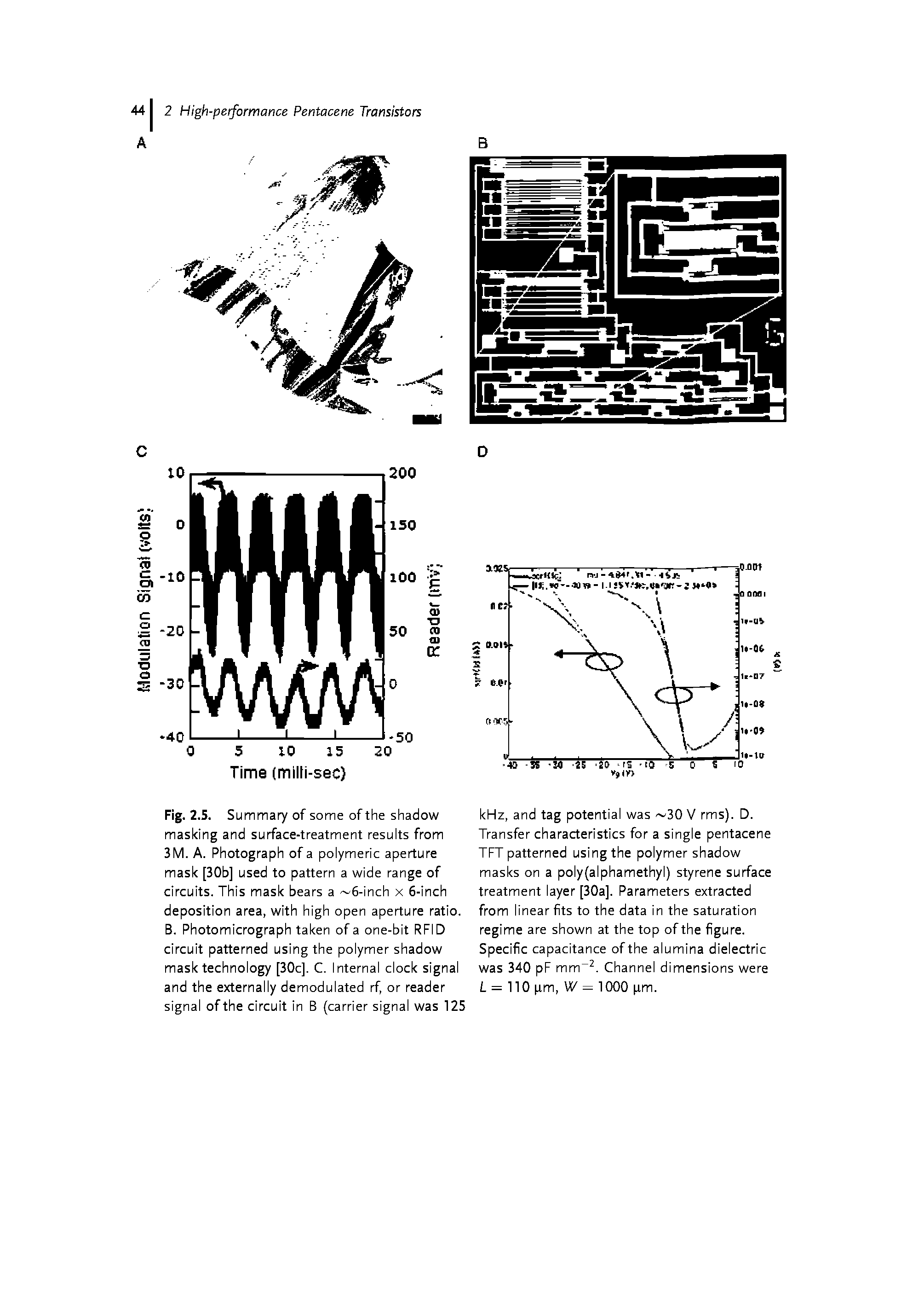 Fig. 2.S. Su mmary of some of the shadow masking and surface-treatment results from 3M. A. Photograph of a polymeric aperture mask [30b] used to pattern a wide range of circuits. This mask bears a 6-inch x 6-inch deposition area, with high open aperture ratio. B. Photomicrograph taken of a one-bit RFID circuit patterned using the polymer shadow mask technology [30c], C. Internal clock signal and the externally demodulated rf, or reader signal of the circuit in B (carrier signal was 125...