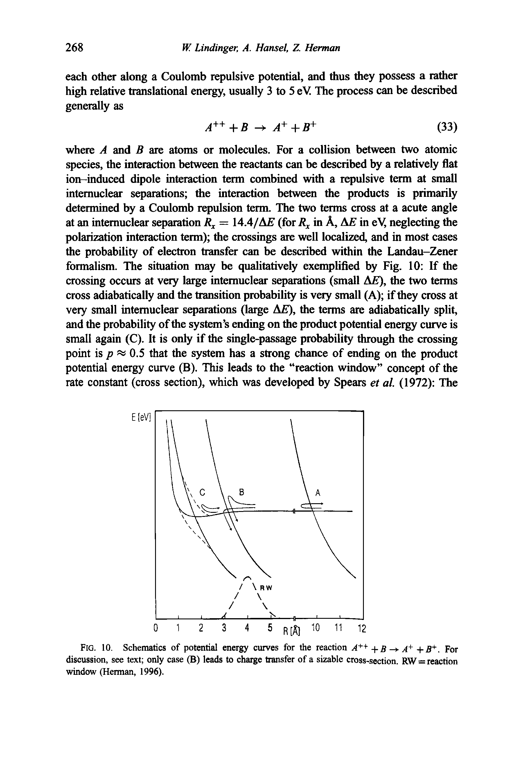 Fig. 10. Schematics of potential energy curves for the reaction. 4 ++B.4+For discussion, see text only case (B) leads to charge transfer of a sizable cross-section. RW = reaction window (Herman, 1996).