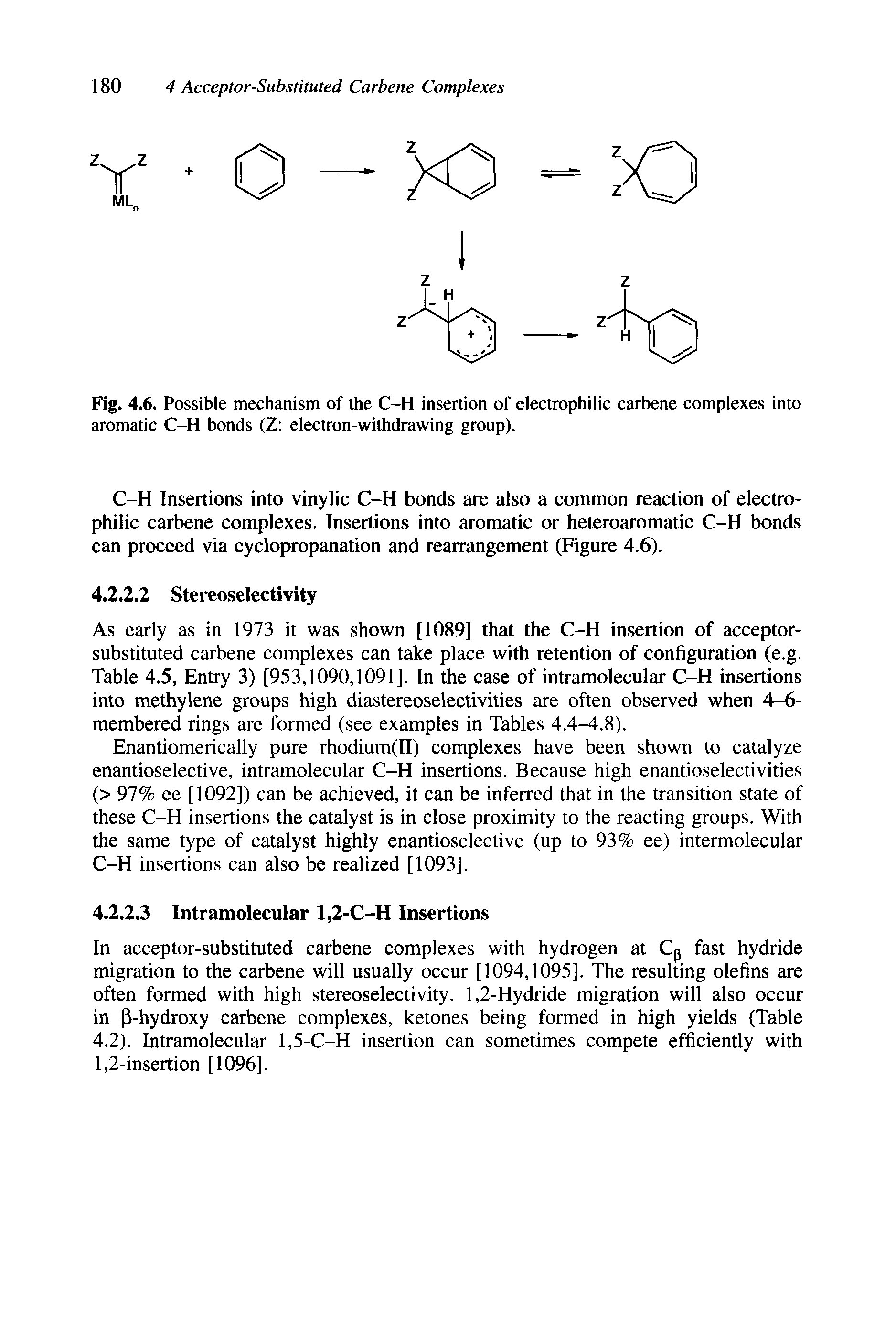 Fig. 4.6. Possible mechanism of the C-H insertion of electrophilic carbene complexes into aromatic C-H bonds (Z electron-withdrawing group).