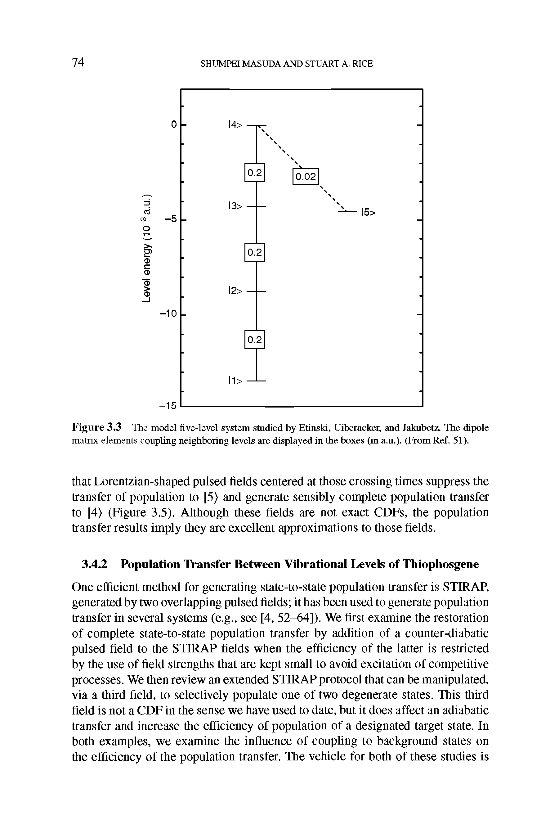 Figure 3.3 The model five-level system studied by Etinski, Uiberacker, and Jakubetz. The dipole matrix elements coupling neighboring levels are displayed in the boxes (in a.u.). (From Ref. 51).