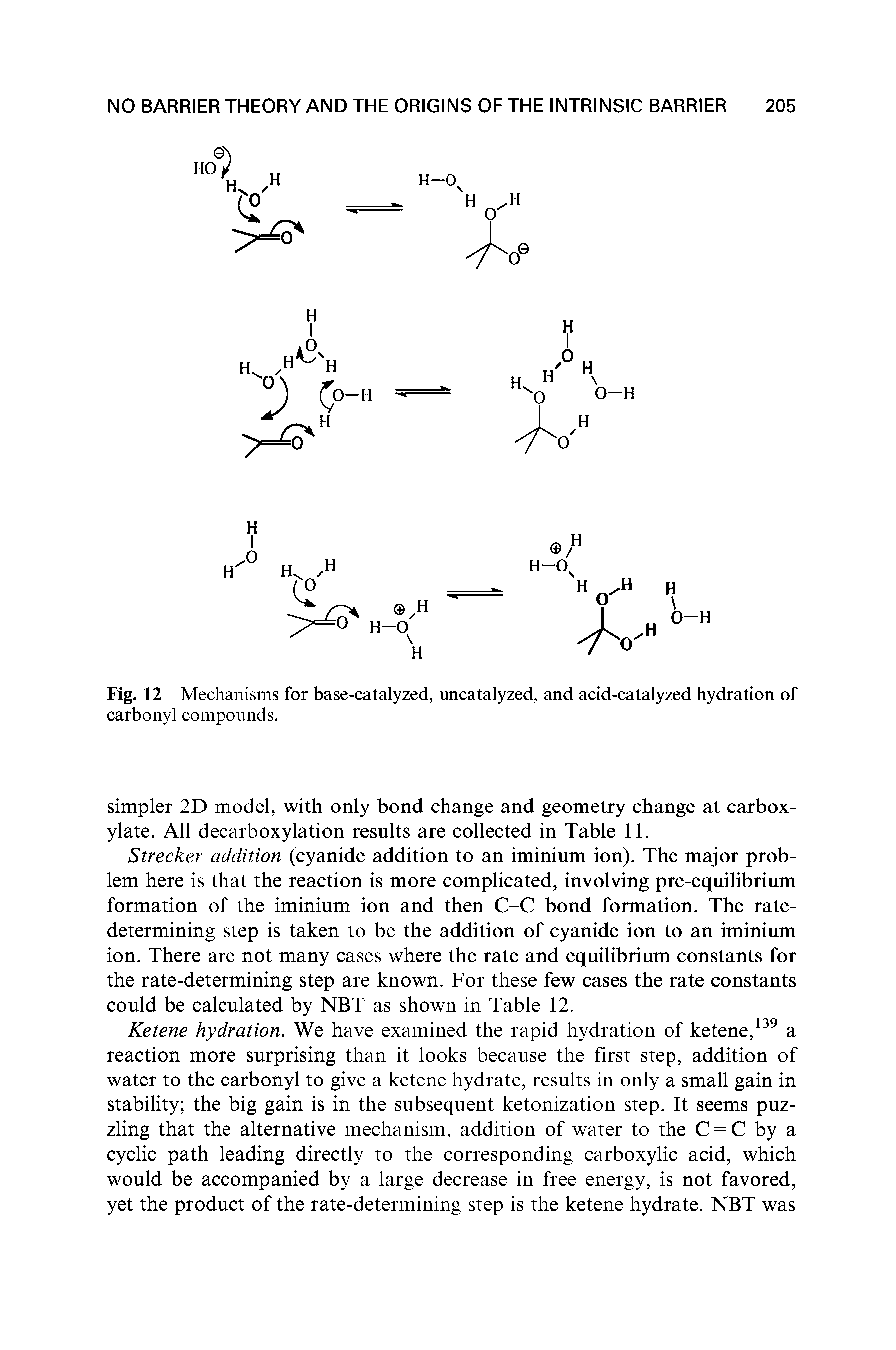 Fig. 12 Mechanisms for base-catalyzed, uncatalyzed, and acid-catalyzed hydration of carbonyl compounds.