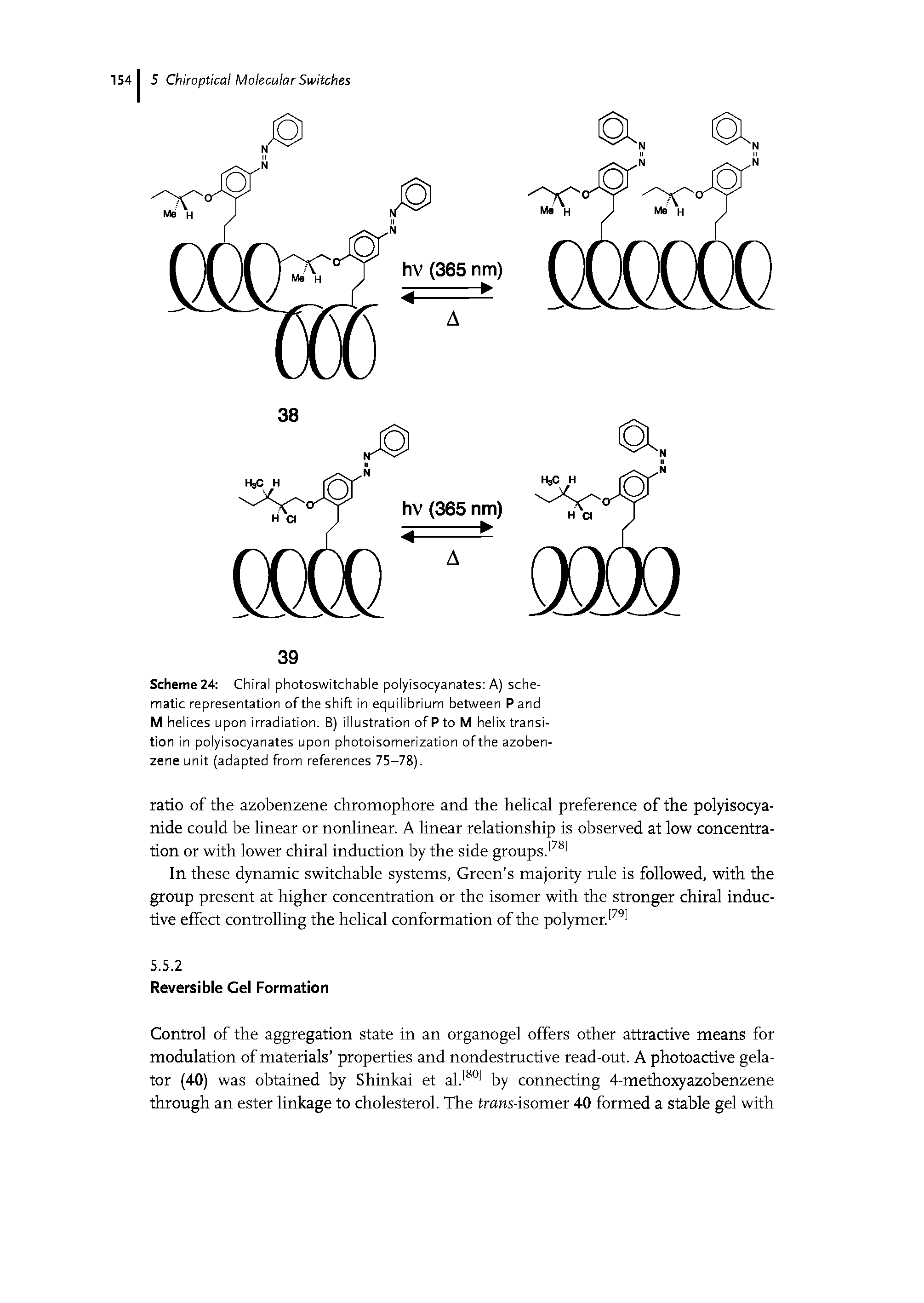 Scheme 24 Chiral photoswitchable polyisocyanates A) schematic representation of the shift in equilibrium between P and M helices upon irradiation. B) illustration ofPto M helix transition in polyisocyanates upon photoisomerization ofthe azobenzene unit (adapted from references 75-78).