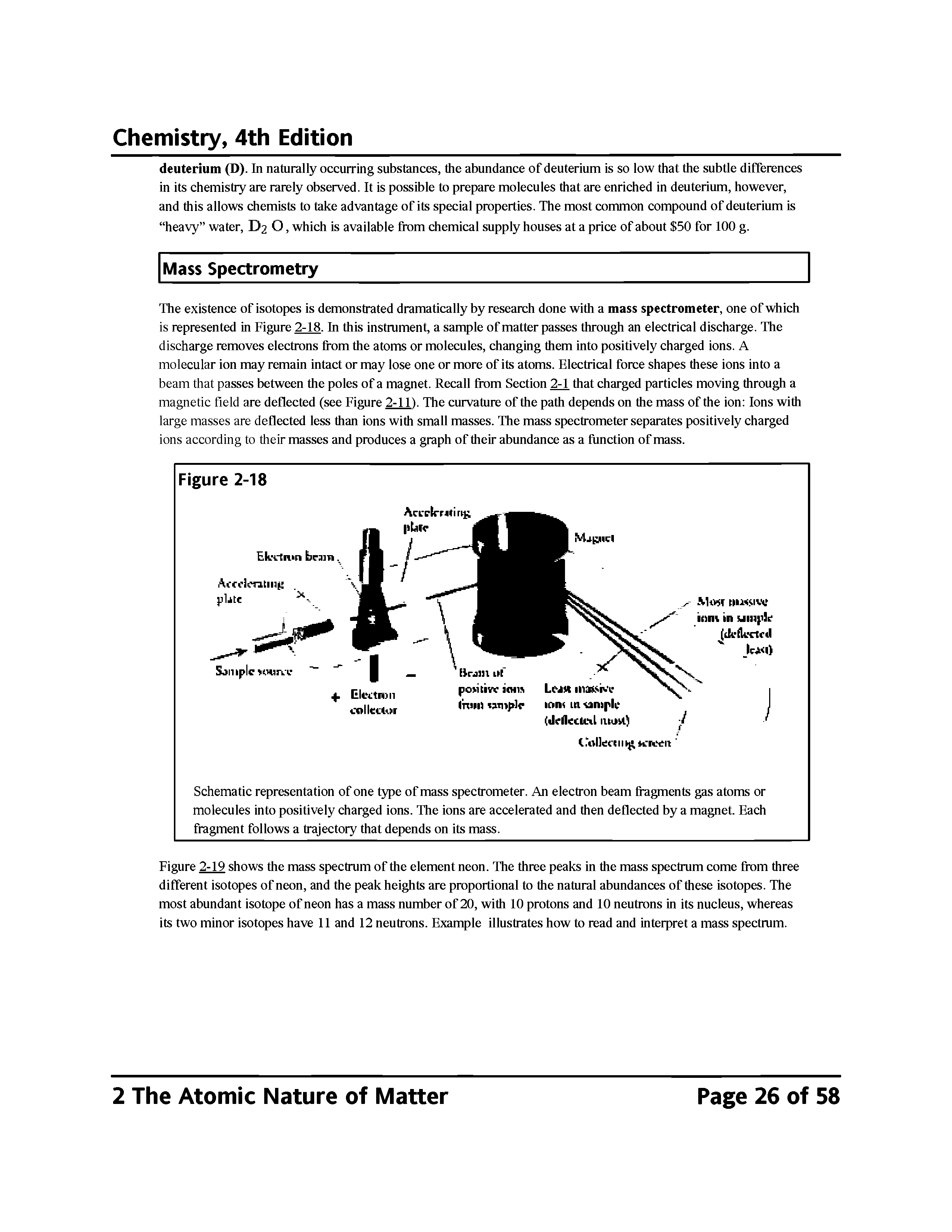 Schematic representation of one type of mass spectrometer. An electron beam fragments gas atoms or molecules into positively charged ions. The ions are accelerated and then deflected by a magnet. Each fragment follows a trajectory that depends on its mass.