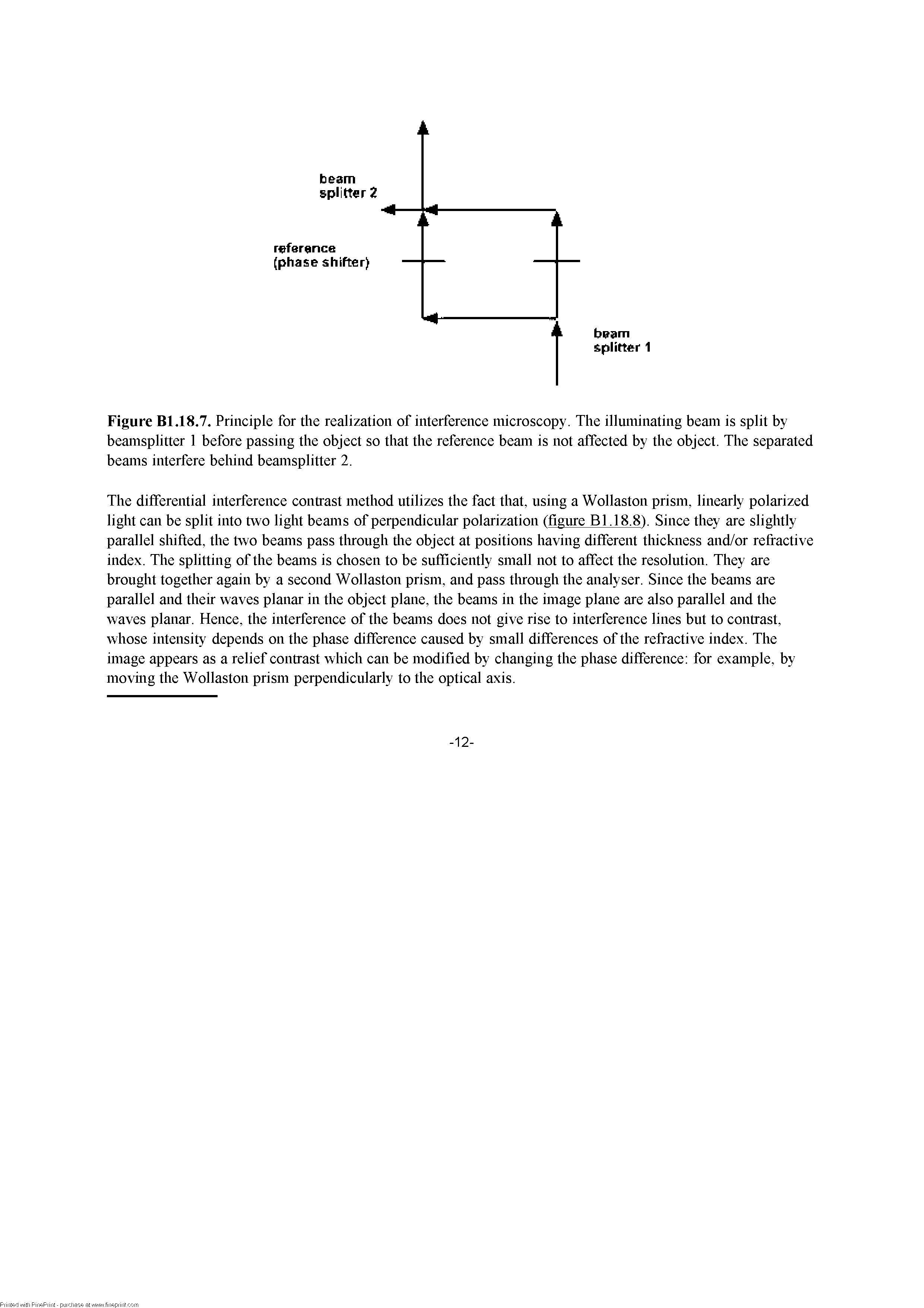 Figure Bl.18.7. Principle for the realization of interference microscopy. The illuminating beam is split by beamsplitter 1 before passing the object so that the reference beam is not affected by the object. The separated beams interfere behind beamsplitter 2.