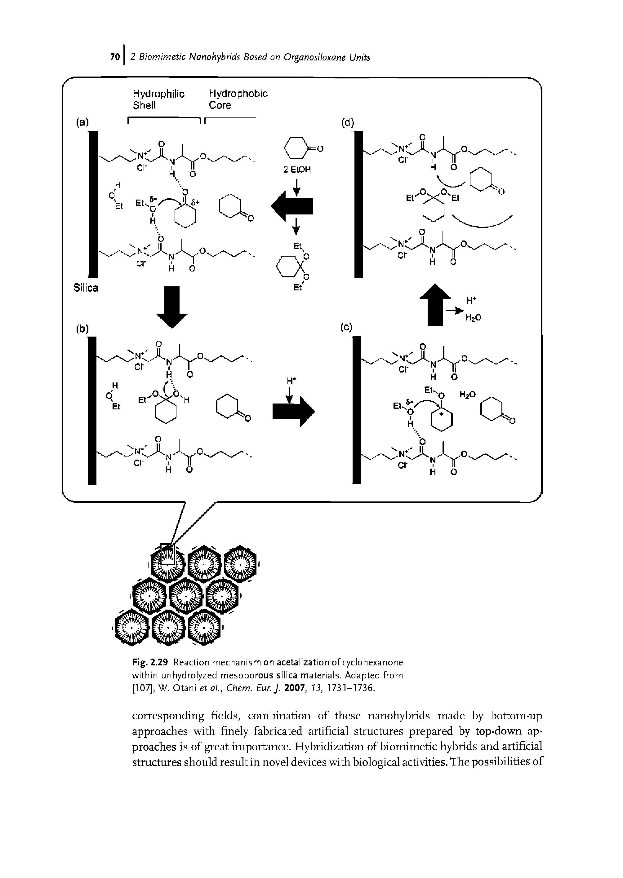 Fig. 2.29 Reaction mechanism on acetalization of cyclohexanone within unhydrolyzed mesoporous silica materials. Adapted from [107], W. Otani et al., Chem. Eur.J. 2007, 73, 1731-1736.