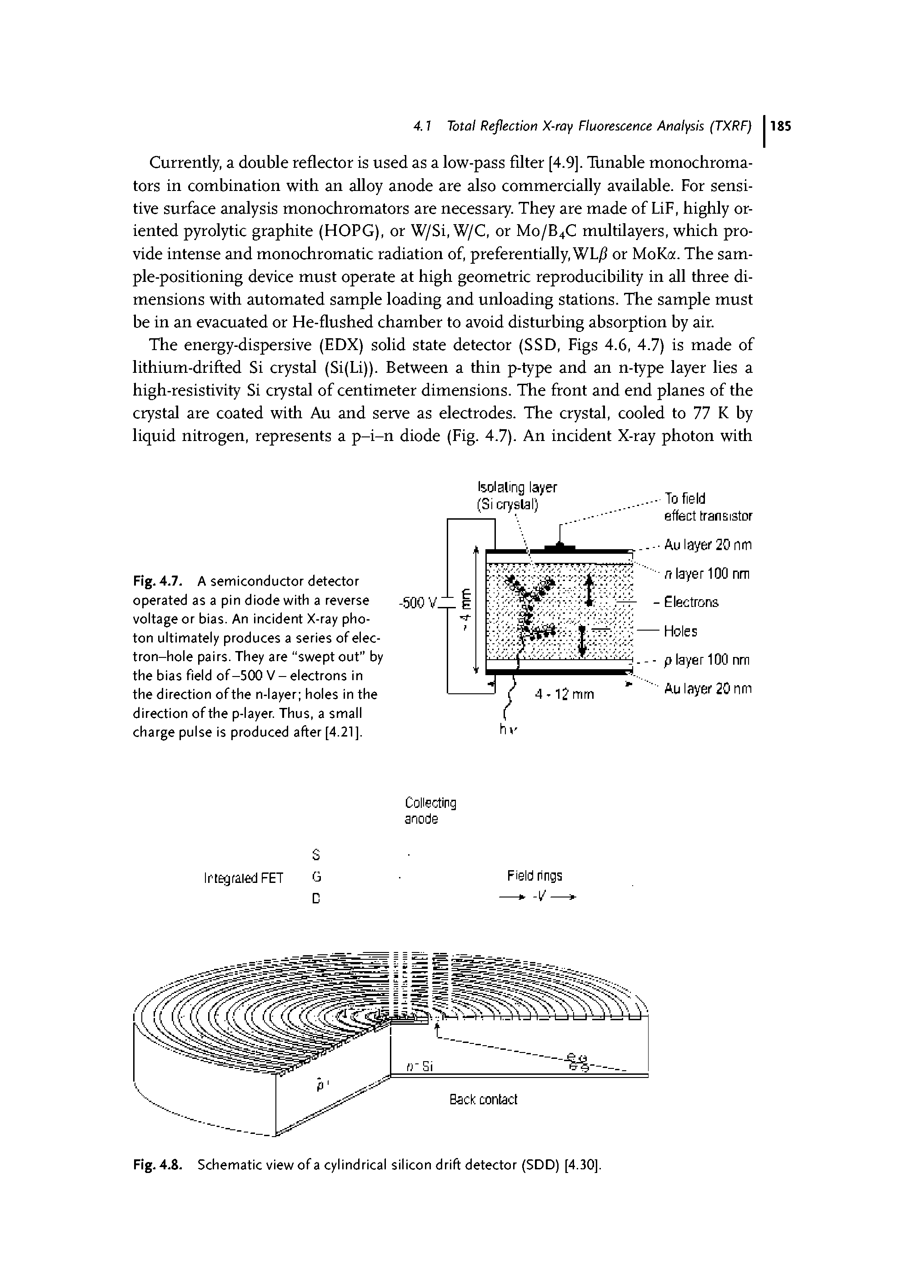 Fig. 4.7. A semiconductor detector operated as a pin diode with a reverse voltage or bias. An incident X-ray photon ultimately produces a series of electron-hole pairs. They are "swept out" by the bias field of-500 V- electrons in the direction ofthe n-layer holes in the direction ofthe p-layer. Thus, a small charge pulse is produced after [4.21],...