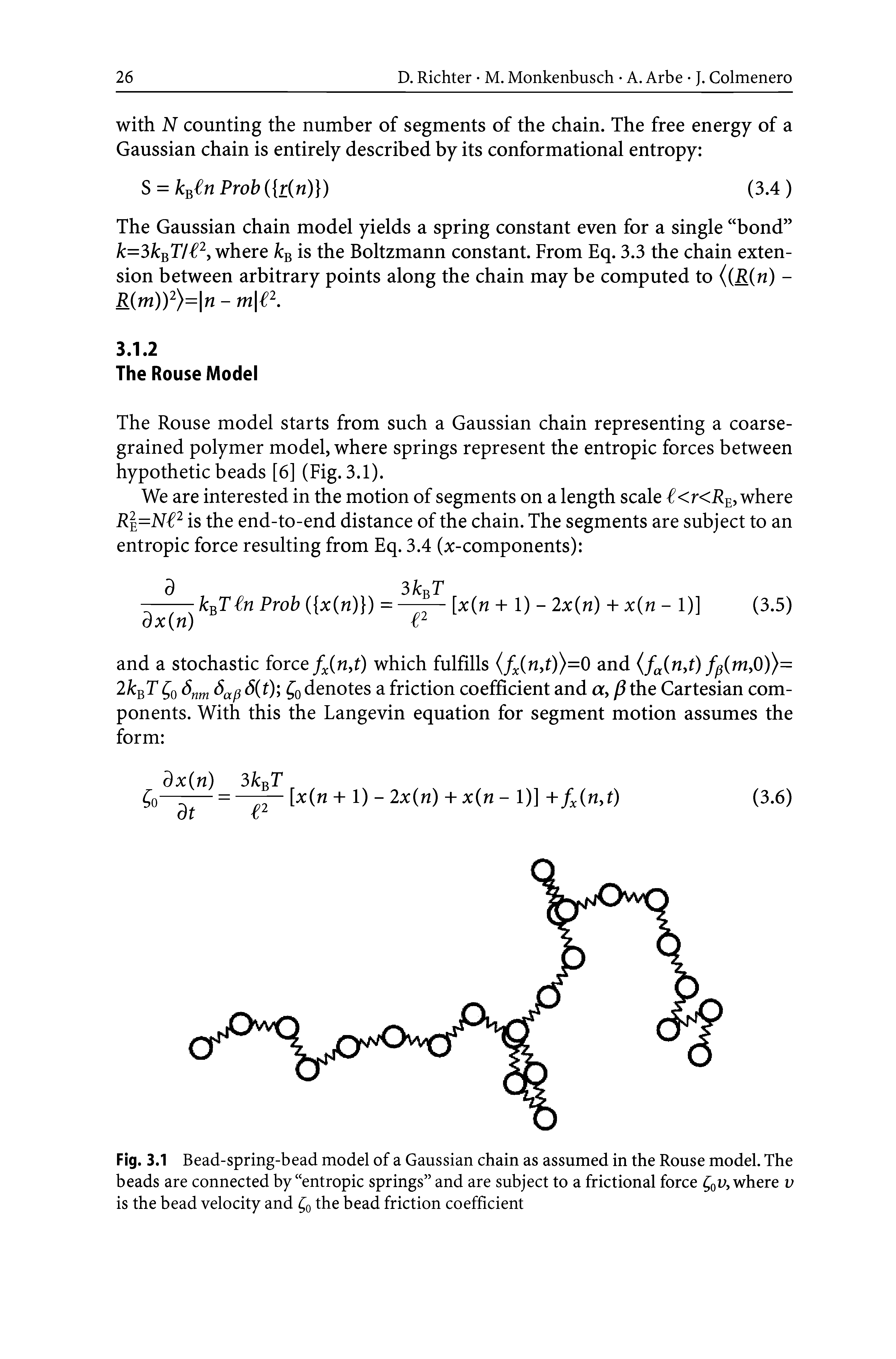 Fig. 3.1 Bead-spring-bead model of a Gaussian chain as assumed in tbe Rouse model. Tbe beads are connected by entropic springs and are subject to a frictional force where v is the bead velocity and fo the bead friction coefficient...