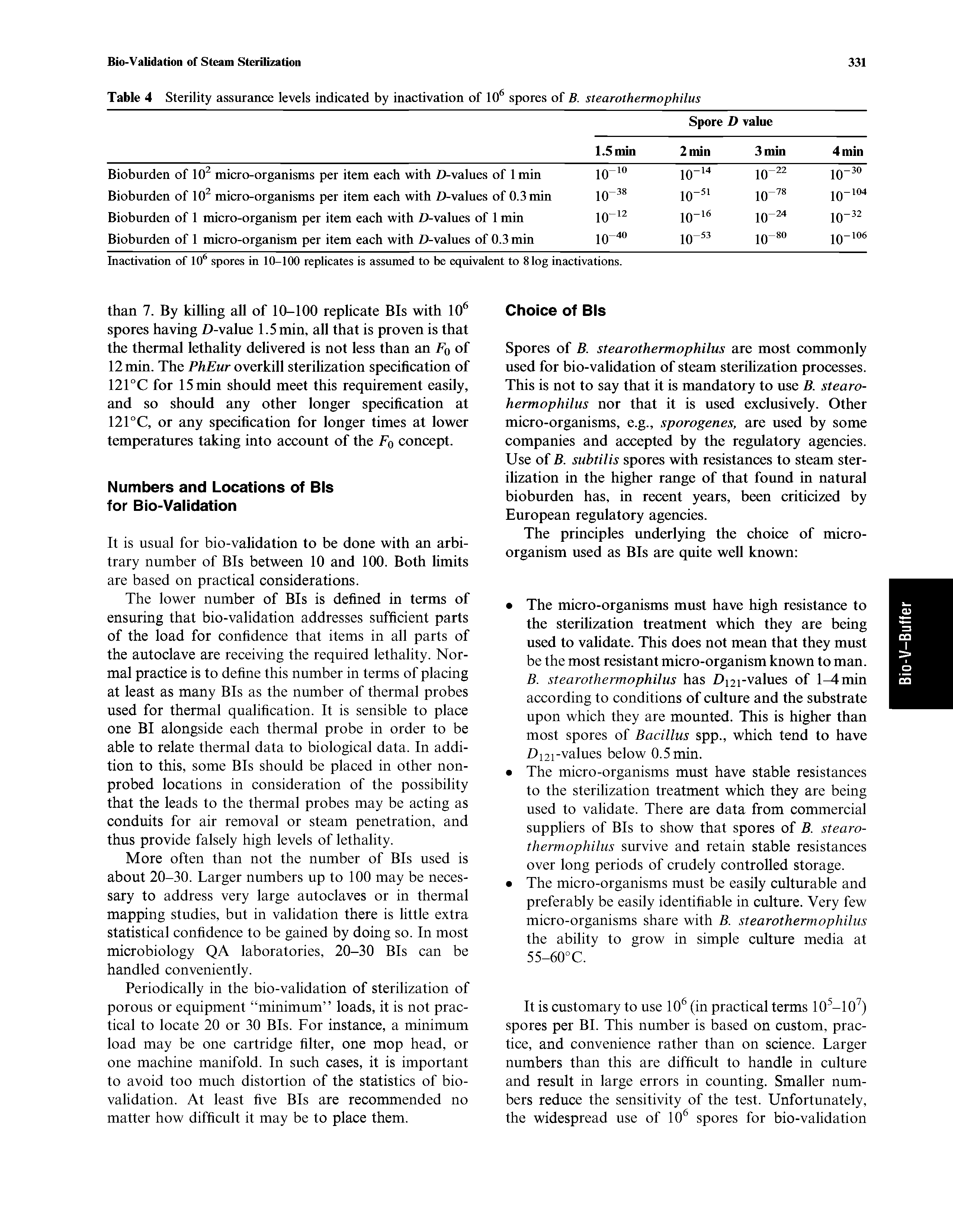 Table 4 Sterility assurance levels indicated by inactivation of 10 spores of B. stearothermophilus...