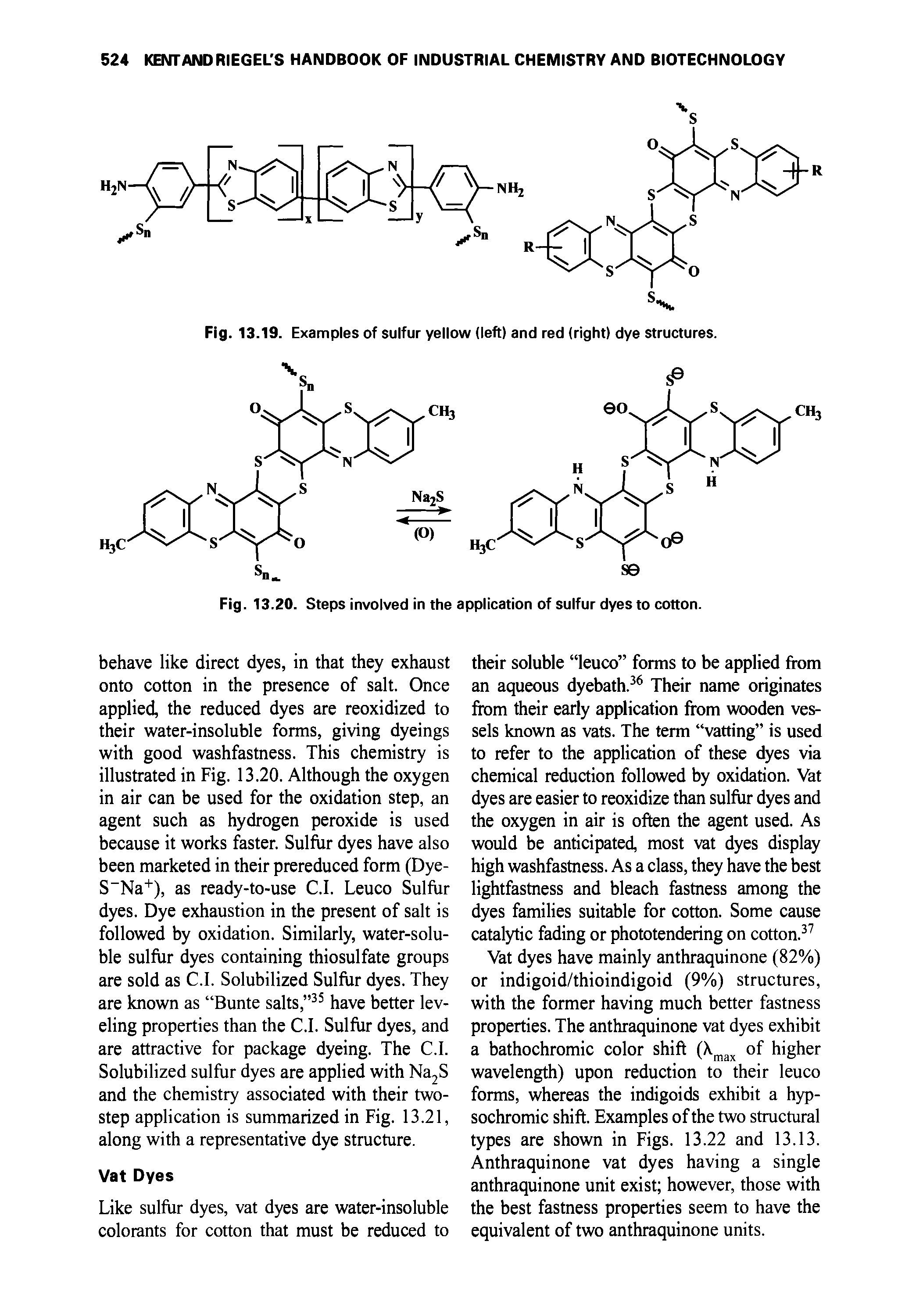 Fig. 13.19. Examples of sulfur yellow (left) and red (right) dye structures.