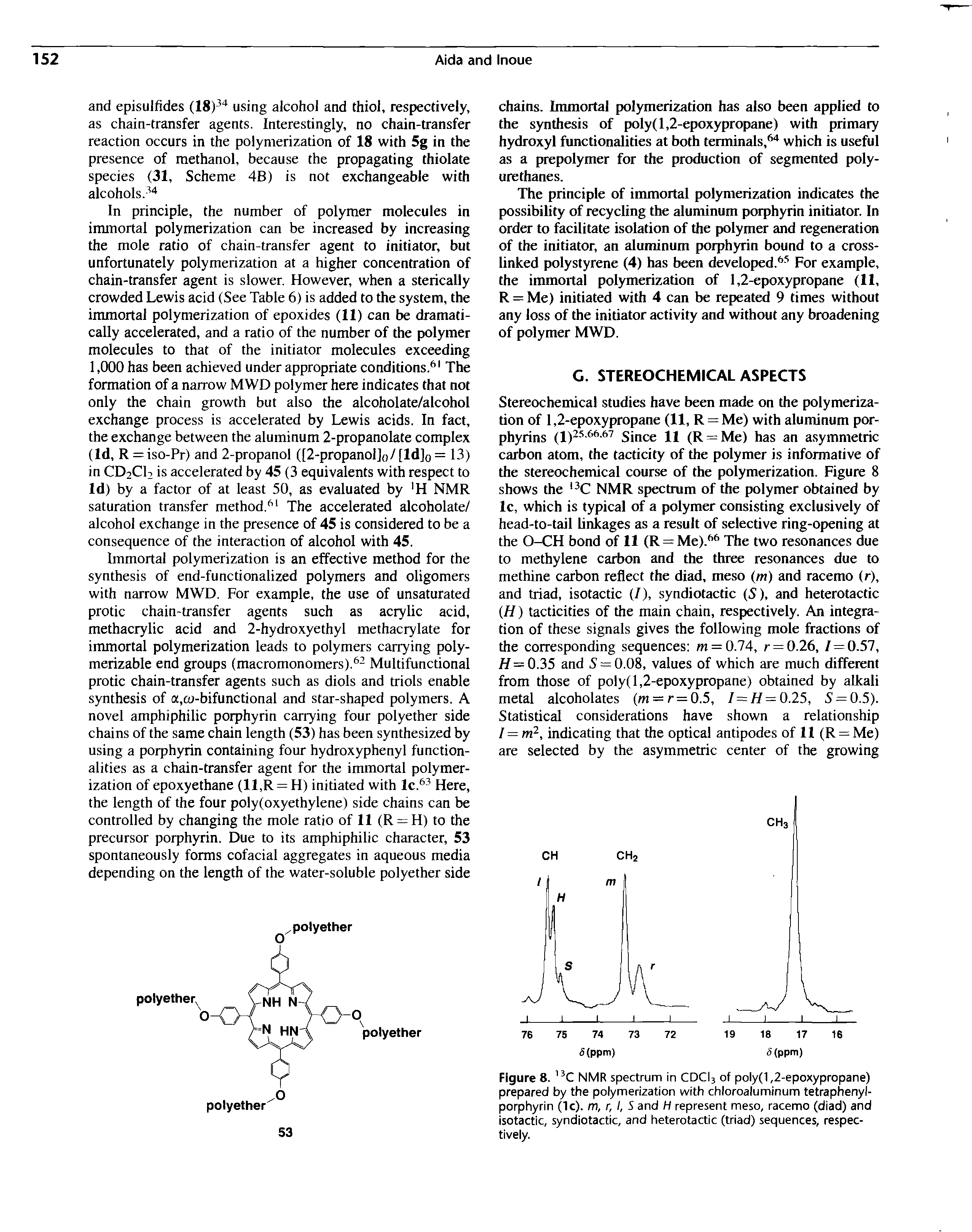 Figure 8. NMR spectrum in CDCI3 of poly(1,2-epoxypropane) prepared by the polymerization with chloroaluminum tetraphenyl-porphyrin (1c). m, r, I, S and H represent meso, racemo (diad) and isotactic, syndiotactic, and heterotactic (triad) sequences, respectively.