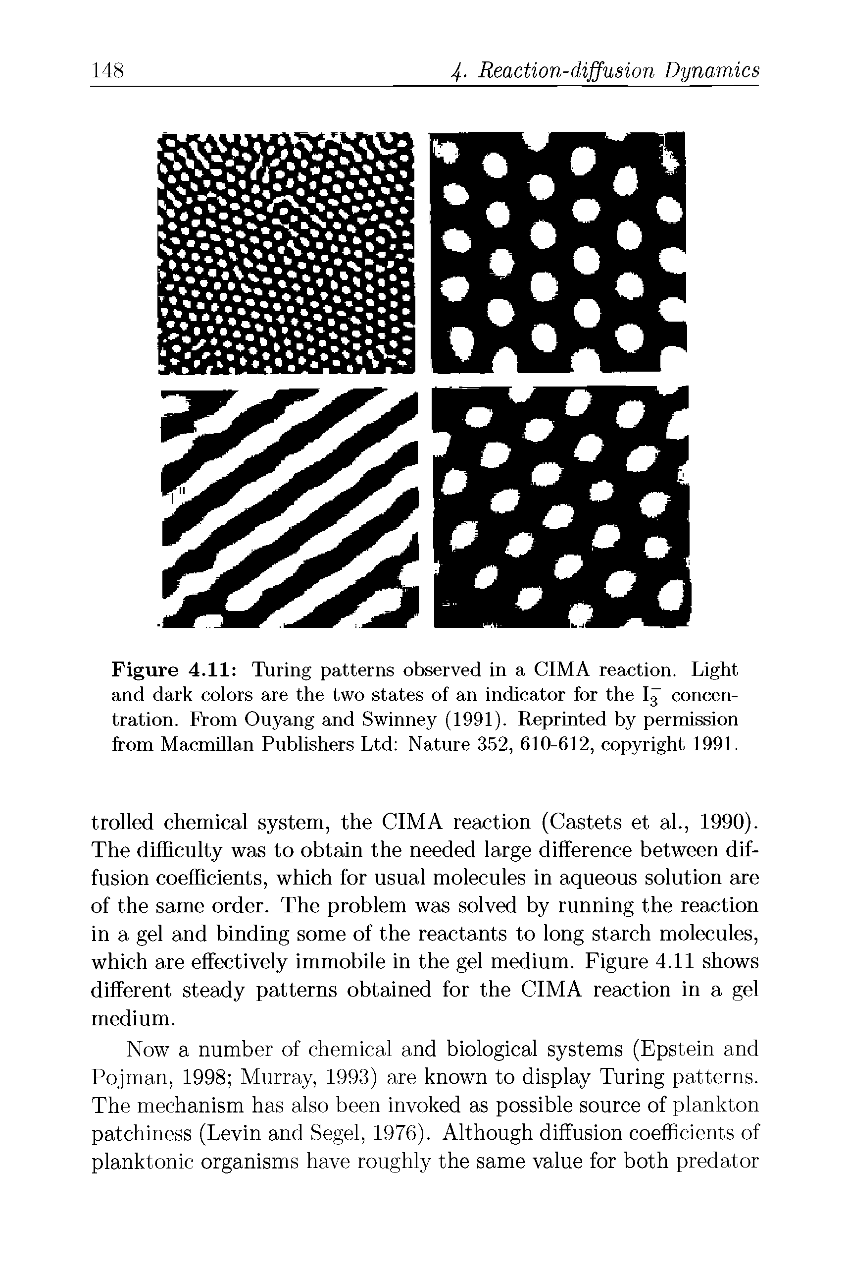 Figure 4.11 Turing patterns observed in a CIMA reaction. Light and dark colors are the two states of an indicator for the Ig concentration. From Ouyang and Swinney (1991). Reprinted by permission from Macmillan Publishers Ltd Nature 352, 610-612, copyright 1991.