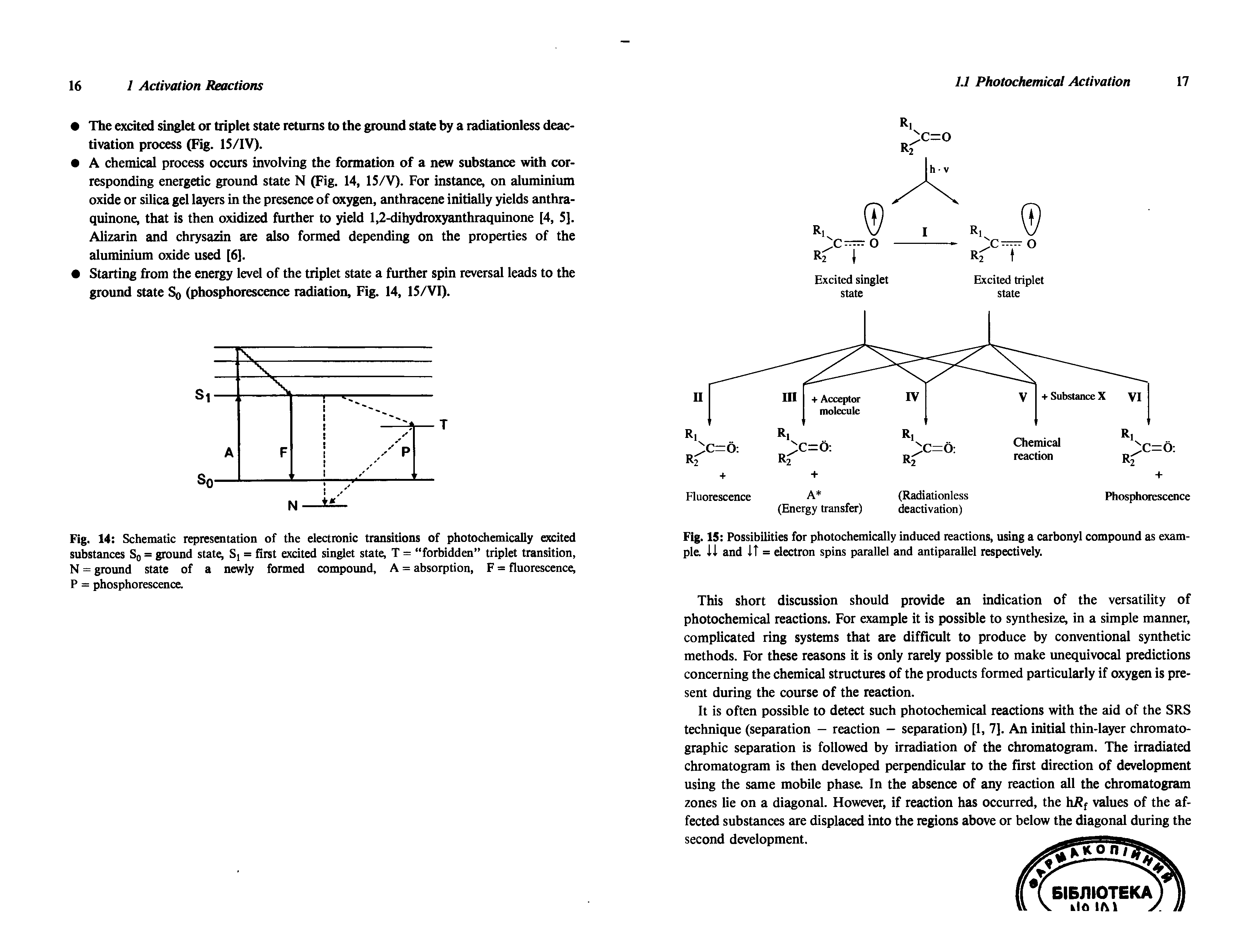 Fig. 14 Schematic representation of the electronic transitions of photochemically excited substances Sq = ground state, Sj = first excited singlet state, T = forbidden triplet transition, N = ground state of a newly formed compound, A = absorption, F = fluorescence, P = phosphorescence.