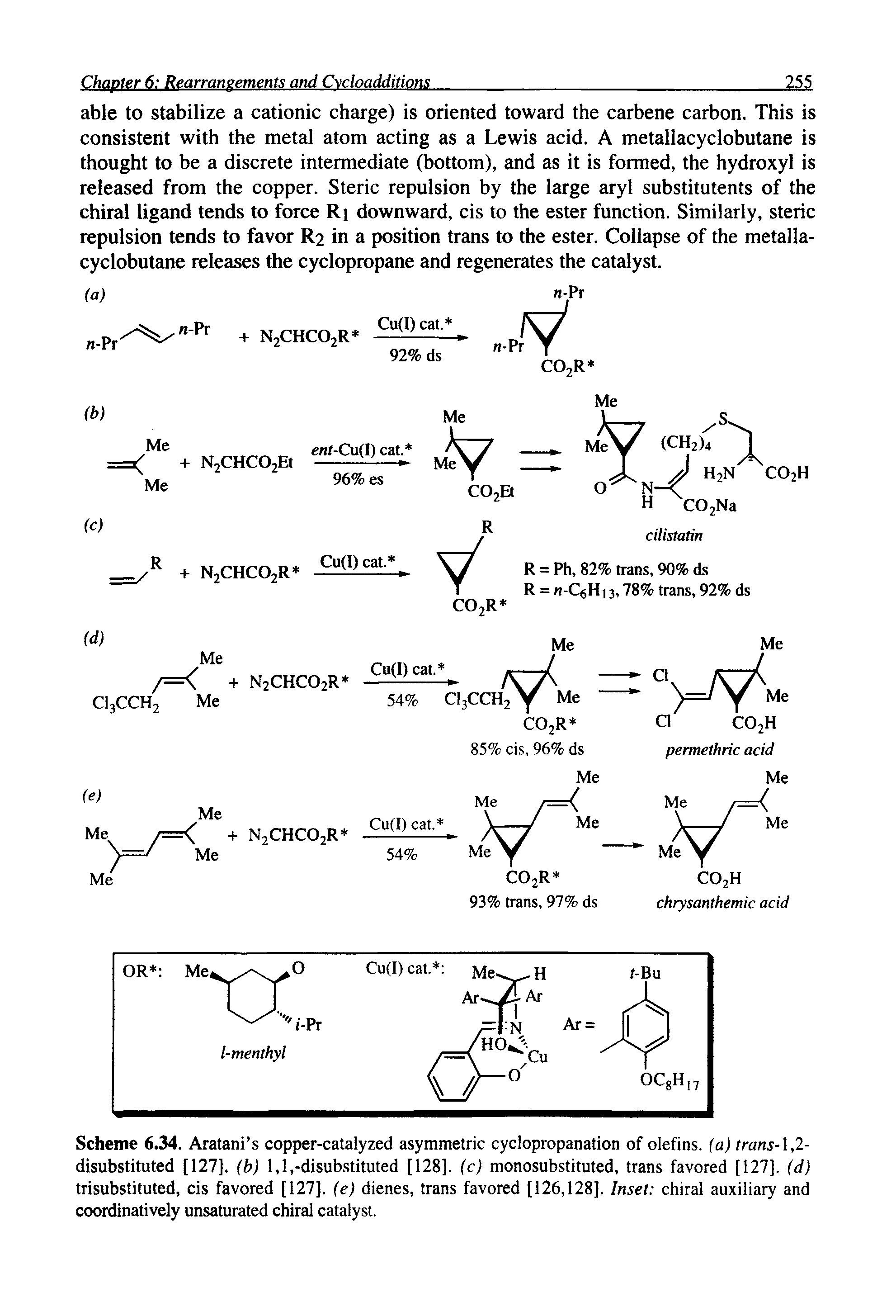 Scheme 6.34. Aratani s copper-catalyzed asymmetric cyclopropanation of olefins, (a) trans-, 2-disubstituted [127]. (b) 1,1, -disubstituted [128]. (c) monosubstituted, trans favored [127]. (d) trisubstituted, cis favored [127]. (e) dienes, trans favored [126,128]. Inset chiral auxiliary and coordinatively unsaturated chiral catalyst.