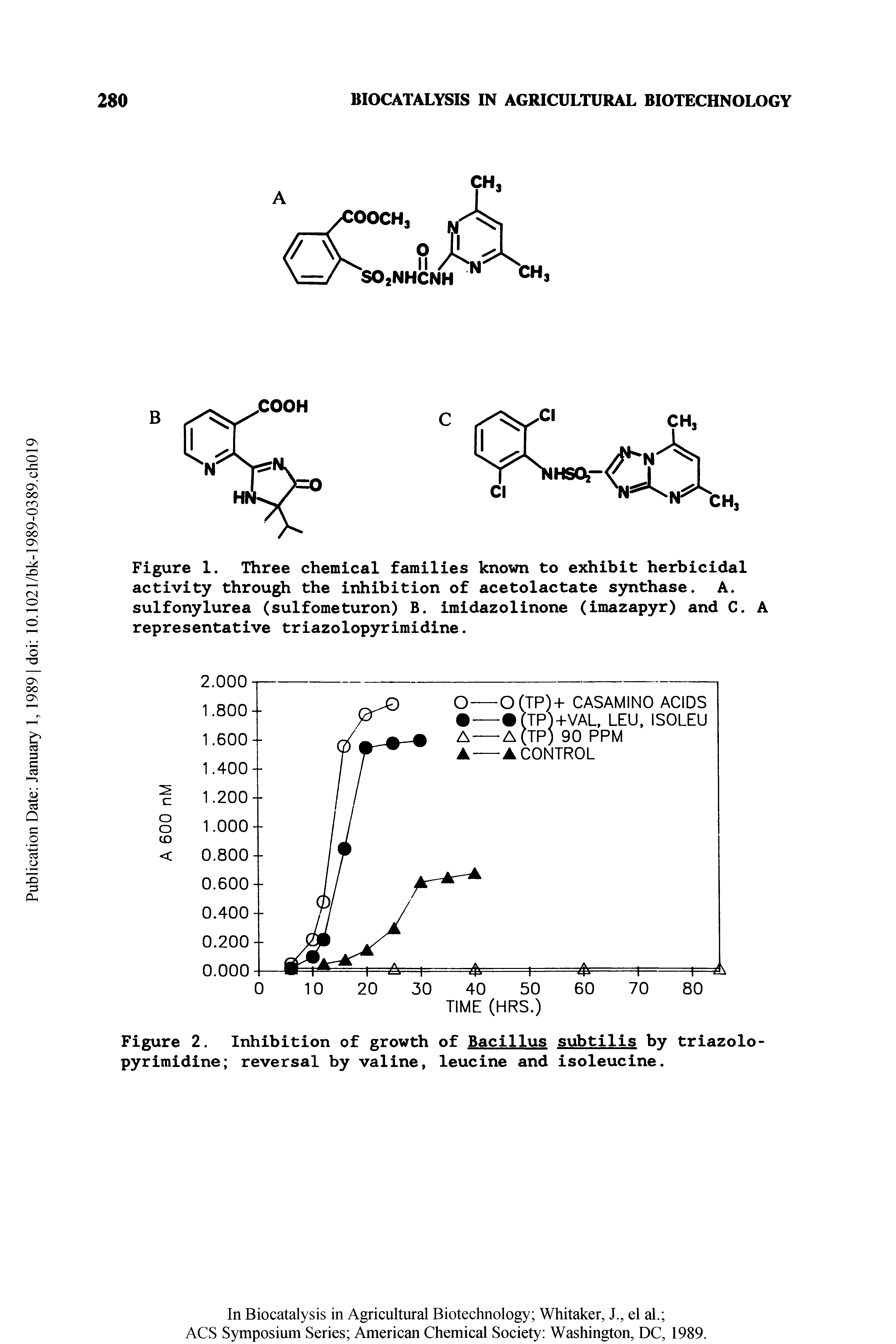 Figure 2. Inhibition of growth of Bacillus subtilis by triazolopyrimidine reversal by valine, leucine and isoleucine.