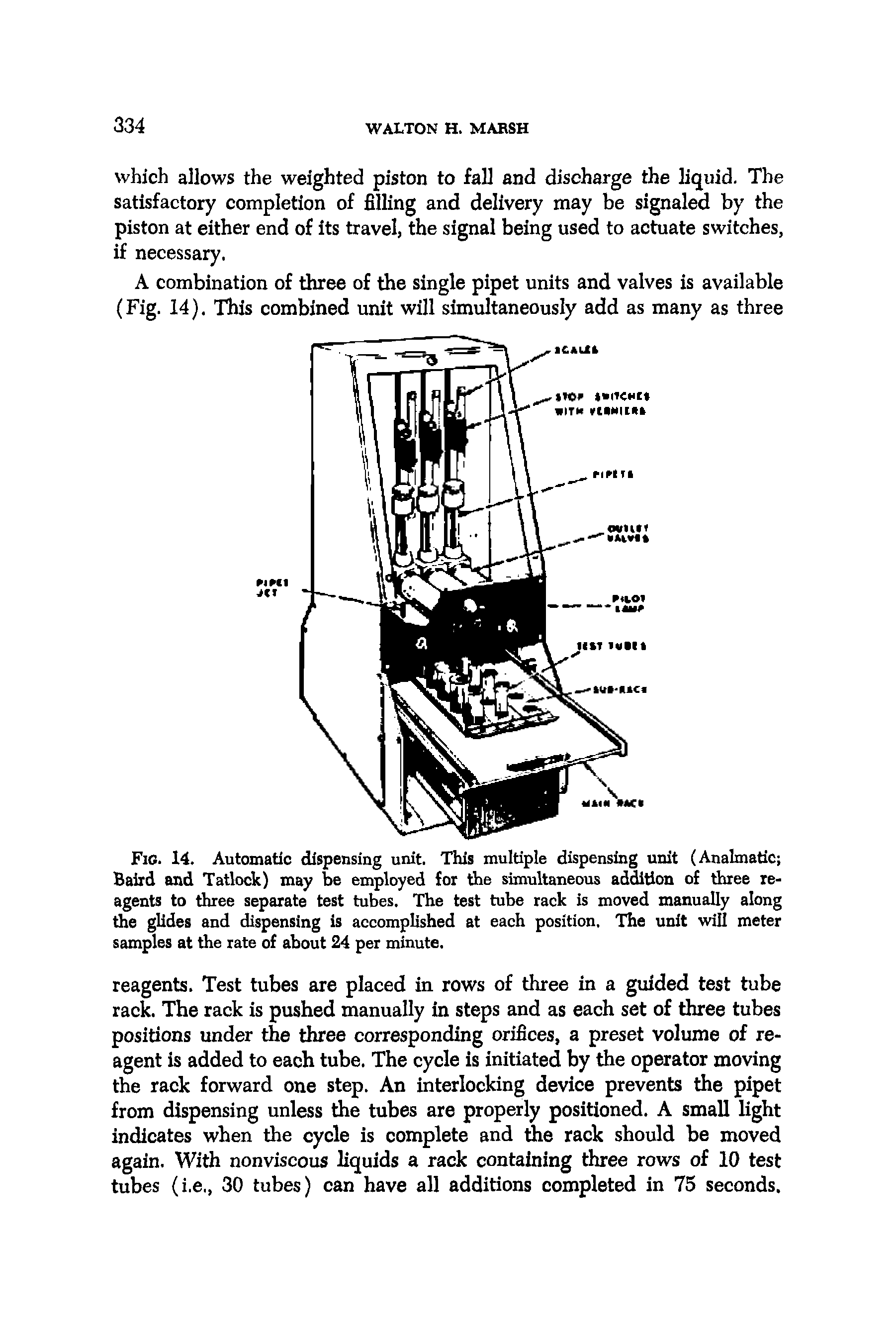 Fig. 14. Automatic dispensing unit. This multiple dispensing unit (Analmatic Baird and Tatlock) may be employed for the simultaneous addition of three reagents to three separate test tubes. The test tube rack is moved manually along the glides and dispensing is accomplished at each position. The unit will meter samples at the rate of about 24 per minute.