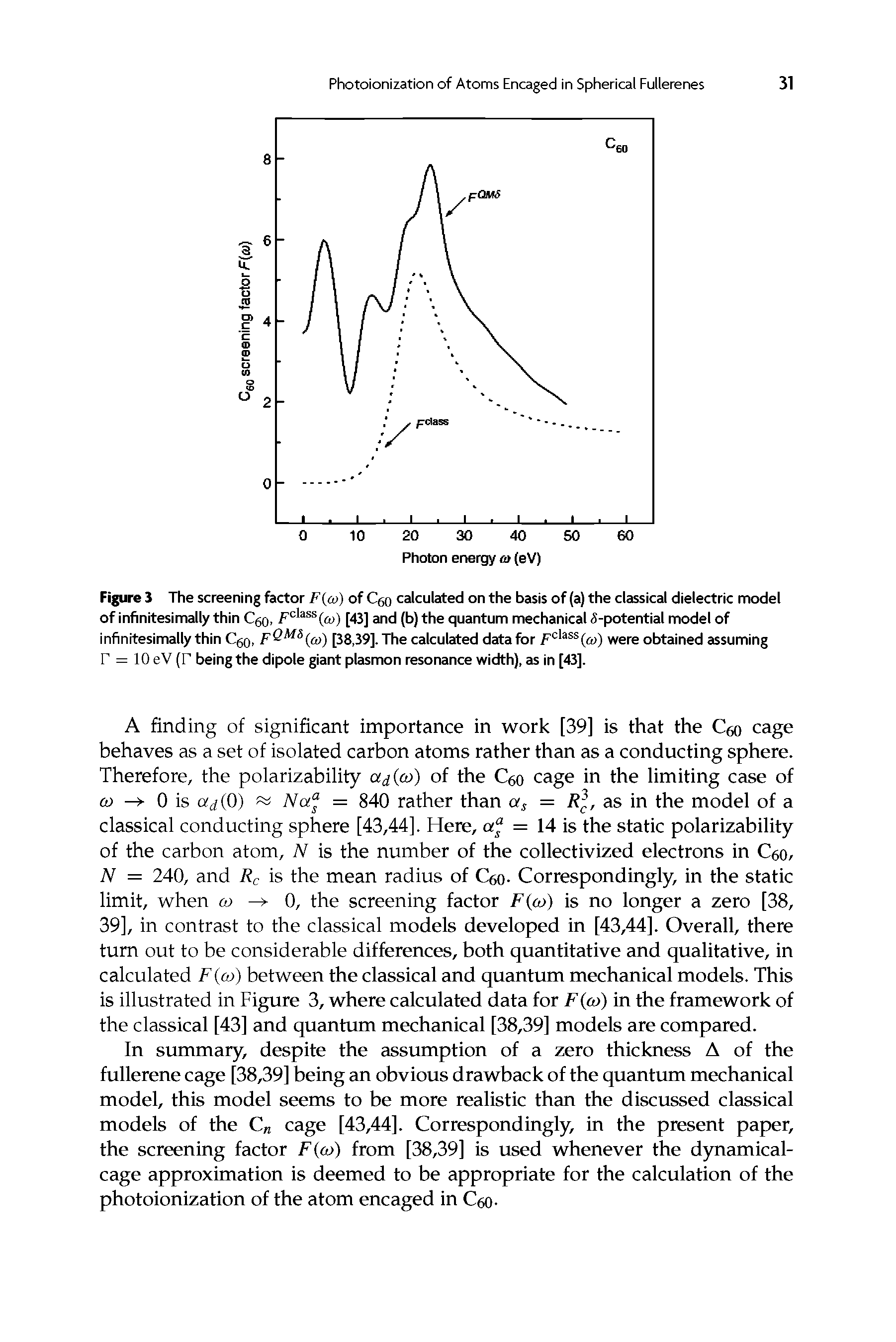Figure 3 The screening factor F(co) of Cgo calculated on the basis of (a) the classical dielectric model of infinitesimally thin CgQ, Fclass(< ) [43] and (b) the quantum mechanical 5-potential model of infinitesimally thin CgQ, (a>) [38,39]. The calculated data for Fclass(o>) were obtained assuming...