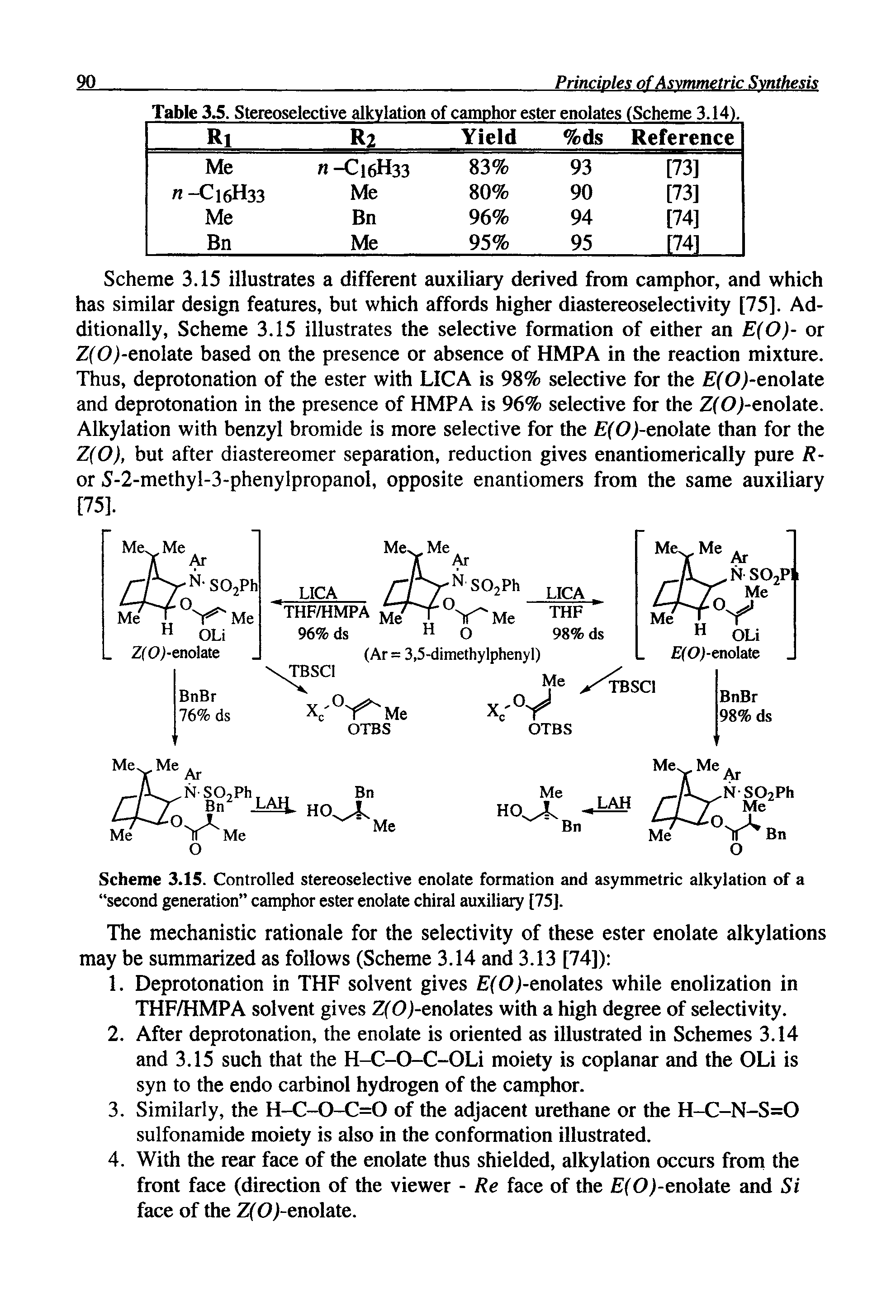 Scheme 3.15. Controlled stereoselective enolate formation and asymmetric alkylation of a second generation camphor ester enolate chiral auxiliary [75].
