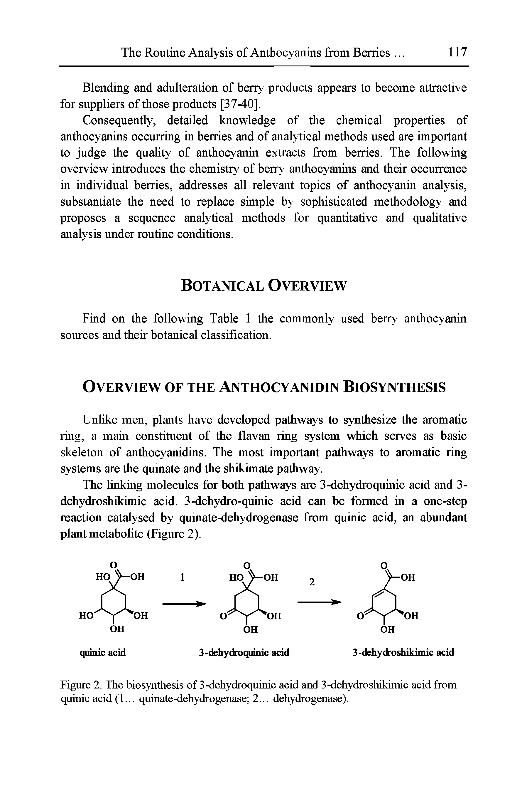 Figure 2. The biosynthesis of 3-dehydroquinic acid and 3-dehydroshikimic acid from quinic acid (1... quinate-dehydrogenase 2... dehydrogenase).