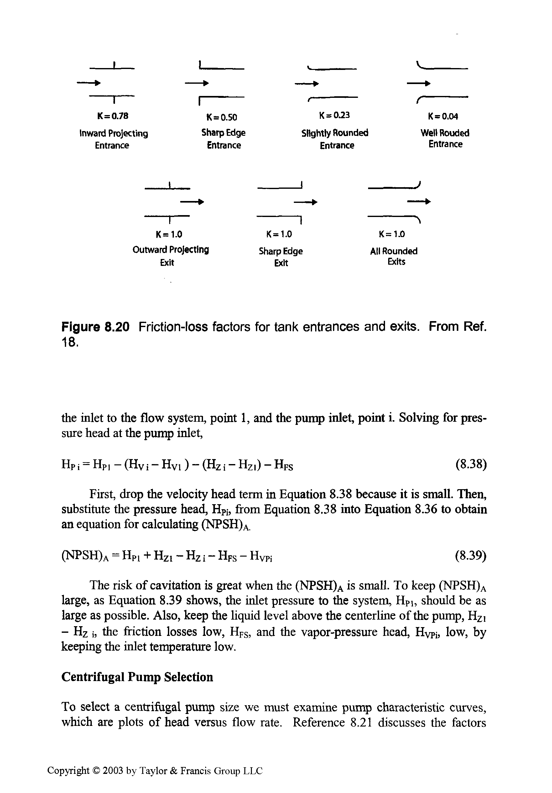 Figure 8.20 Friction-loss factors for tank entrances and exits. From Ref. 18.