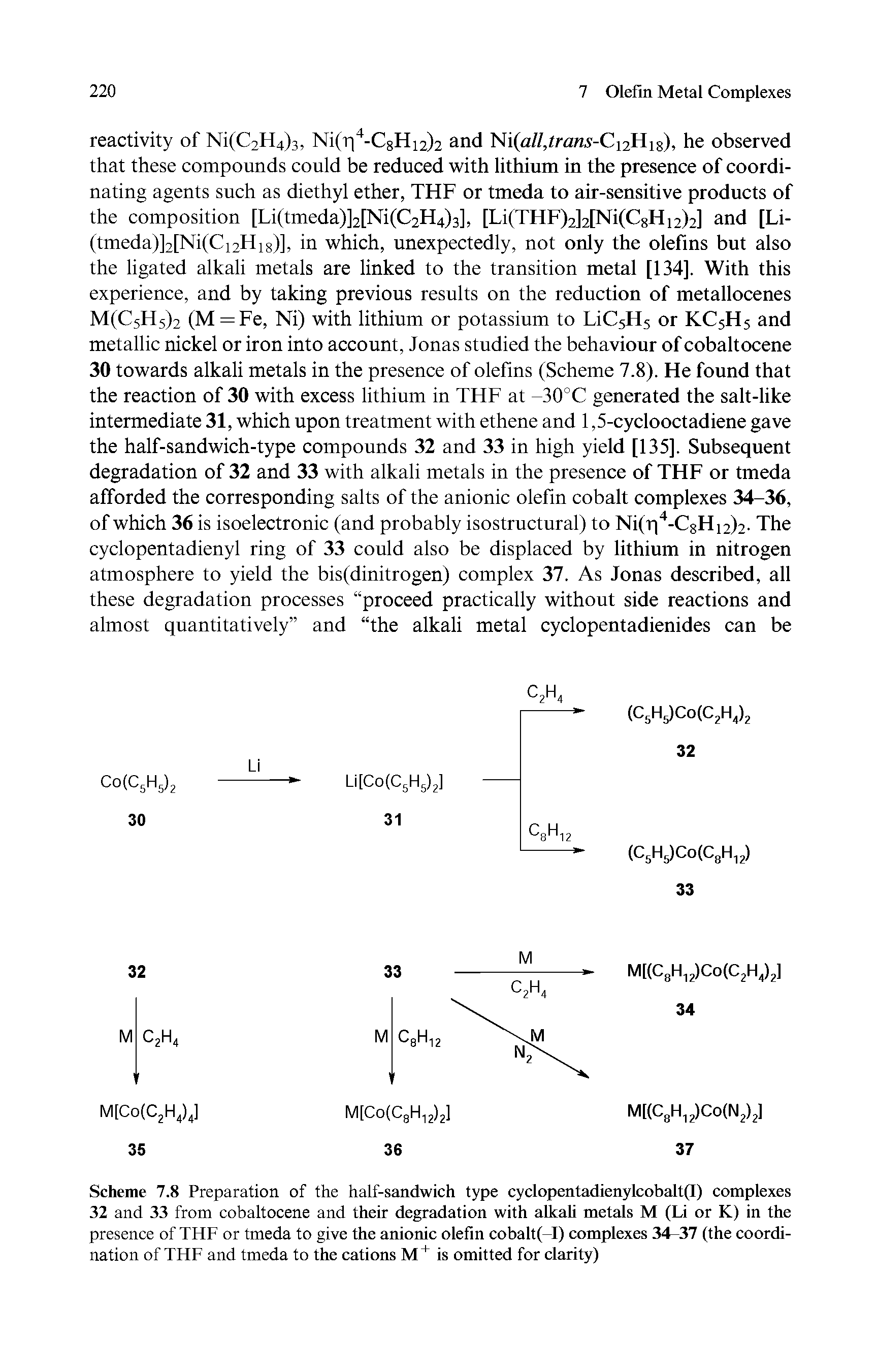 Scheme 7.8 Preparation of the half-sandwich type cyclopentadienylcobalt(I) complexes 32 and 33 from cobaltocene and their degradation with alkali metals M (Li or K) in the presence of THF or tmeda to give the anionic olefin cobalt(-I) complexes 34-37 (the coordination of THF and tmeda to the cations M+ is omitted for clarity)...