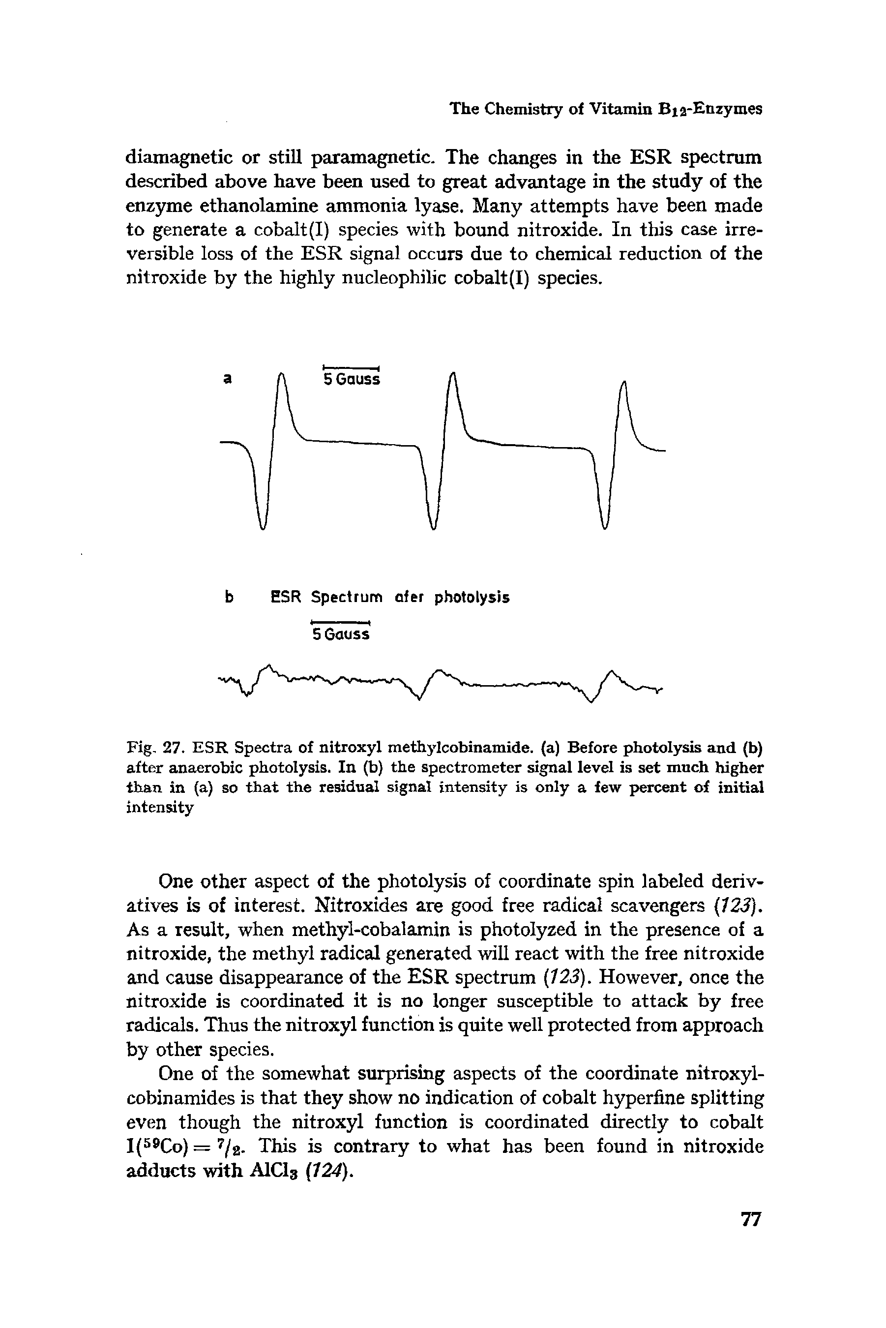 Fig. 27. ESR Spectra of nitroxyl methylcobinamide. (a) Before photolysis and (b) after anaerobic photolysis. In (b) the spectrometer signal level is set much higher than in (a) so that the residual signal intensity is only a few percent of initial intensity...