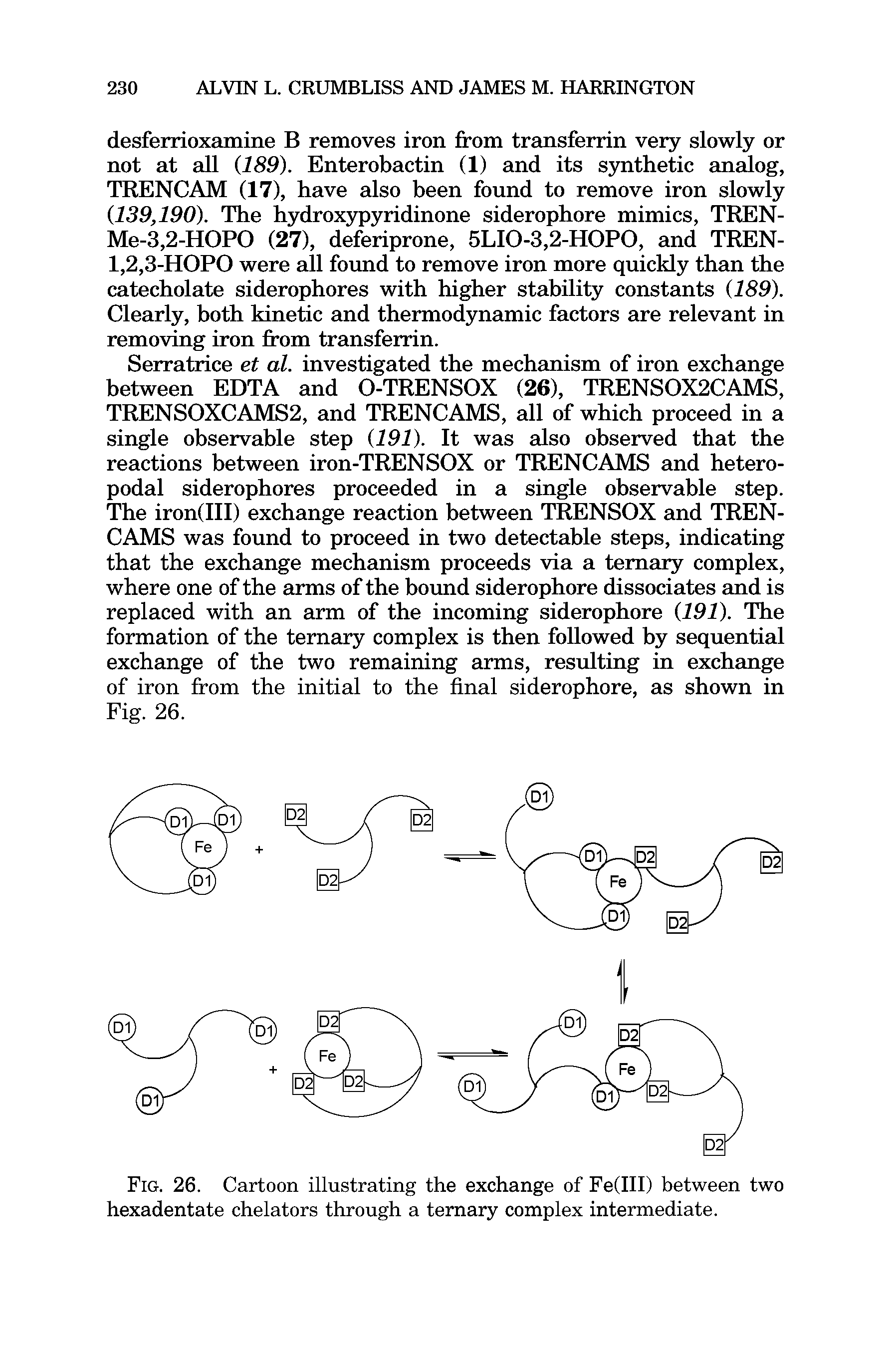 Fig. 26. Cartoon illustrating the exchange of Fe(III) between two hexadentate chelators through a ternary complex intermediate.