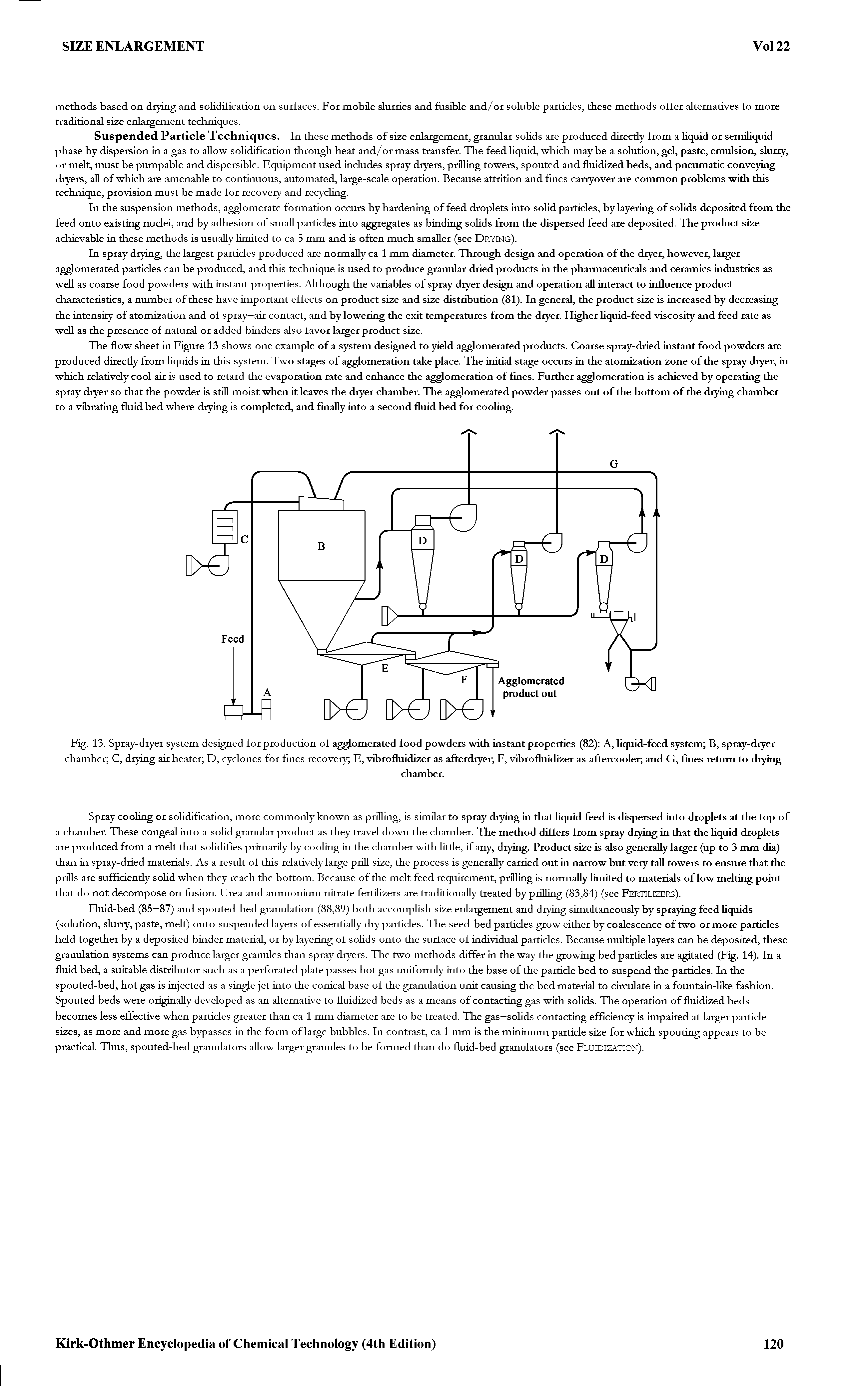 Fig. 13. Spray-dryer system designed for production of agglomerated food powders with instant properties (82) A, liquid-feed system B, spray-dryer chamber C, drying air heater D, cyclones for fines recovery E, vibrofluidizer as afterdryer F, vibrofluidizer as aftercooler and G, fines return to drying...