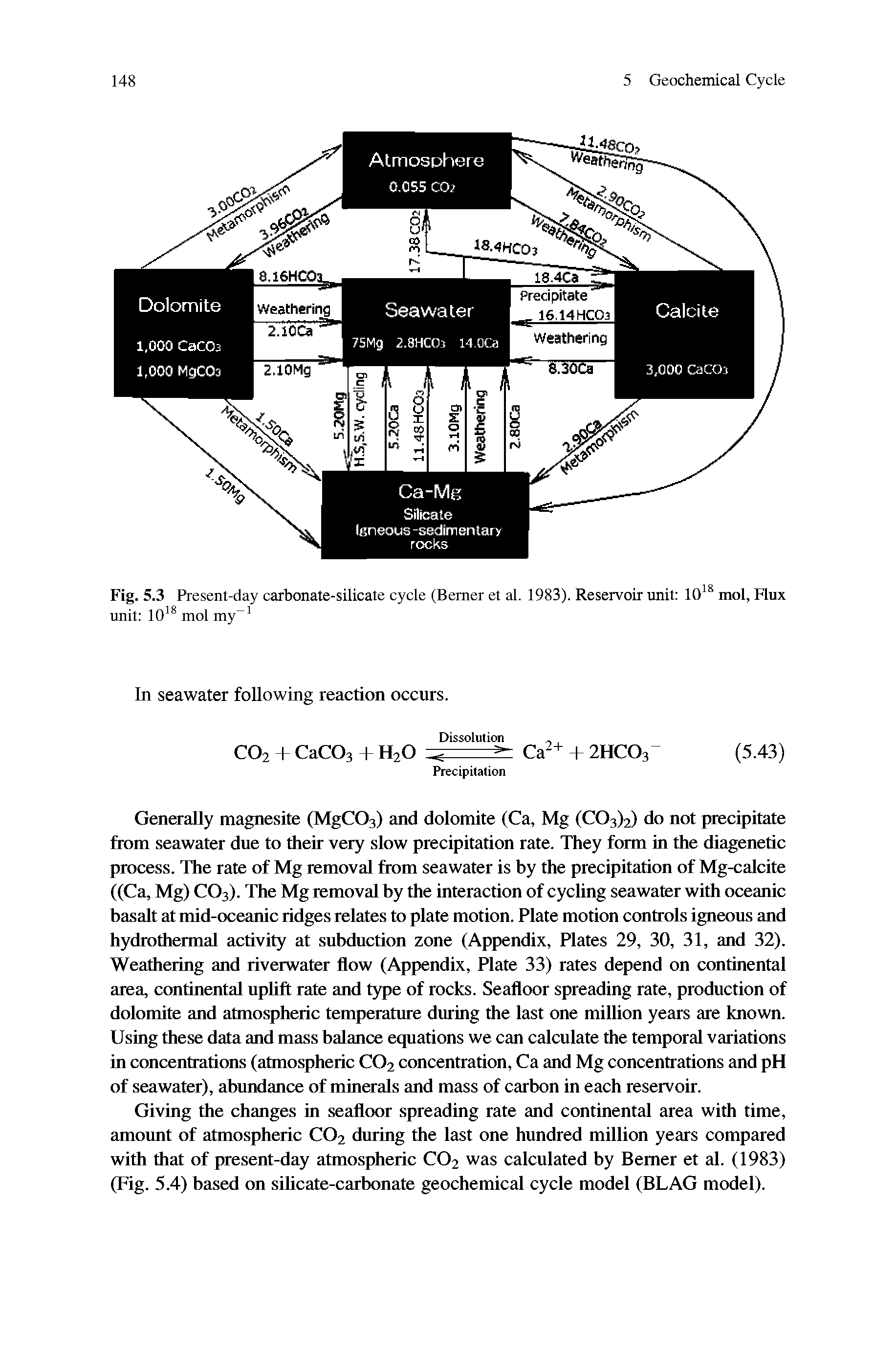 Fig. 5.3 Present-day carbonate-silicate cycle (Berner et al. 1983). Reservoir unit 10 ° mol. Flux unit 10 molmy ...